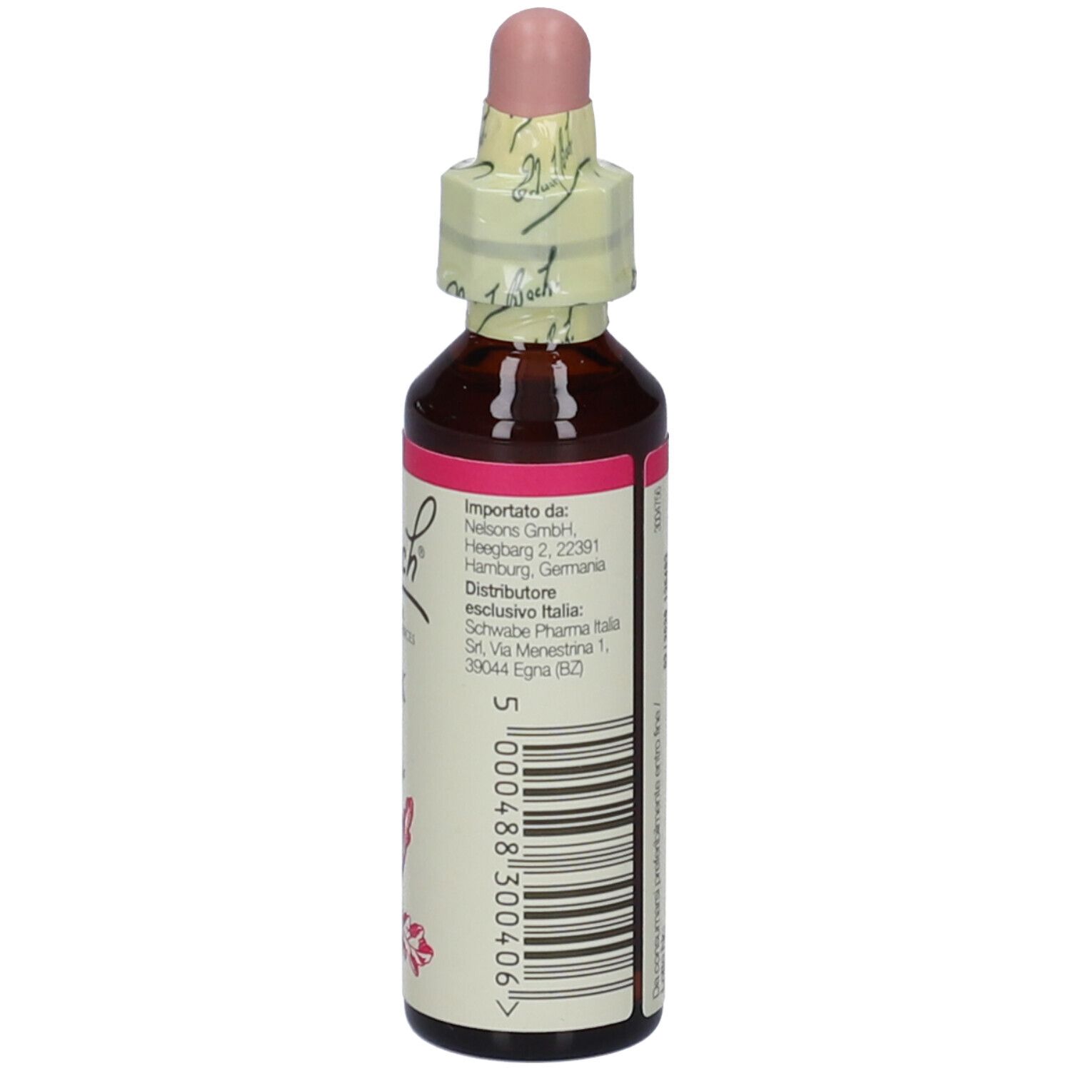 Flacone di vetro marrone, vista laterale. Etichetta con informazioni del produttore e codice a barre. Scritta: Importato da: Nelore GmbH.