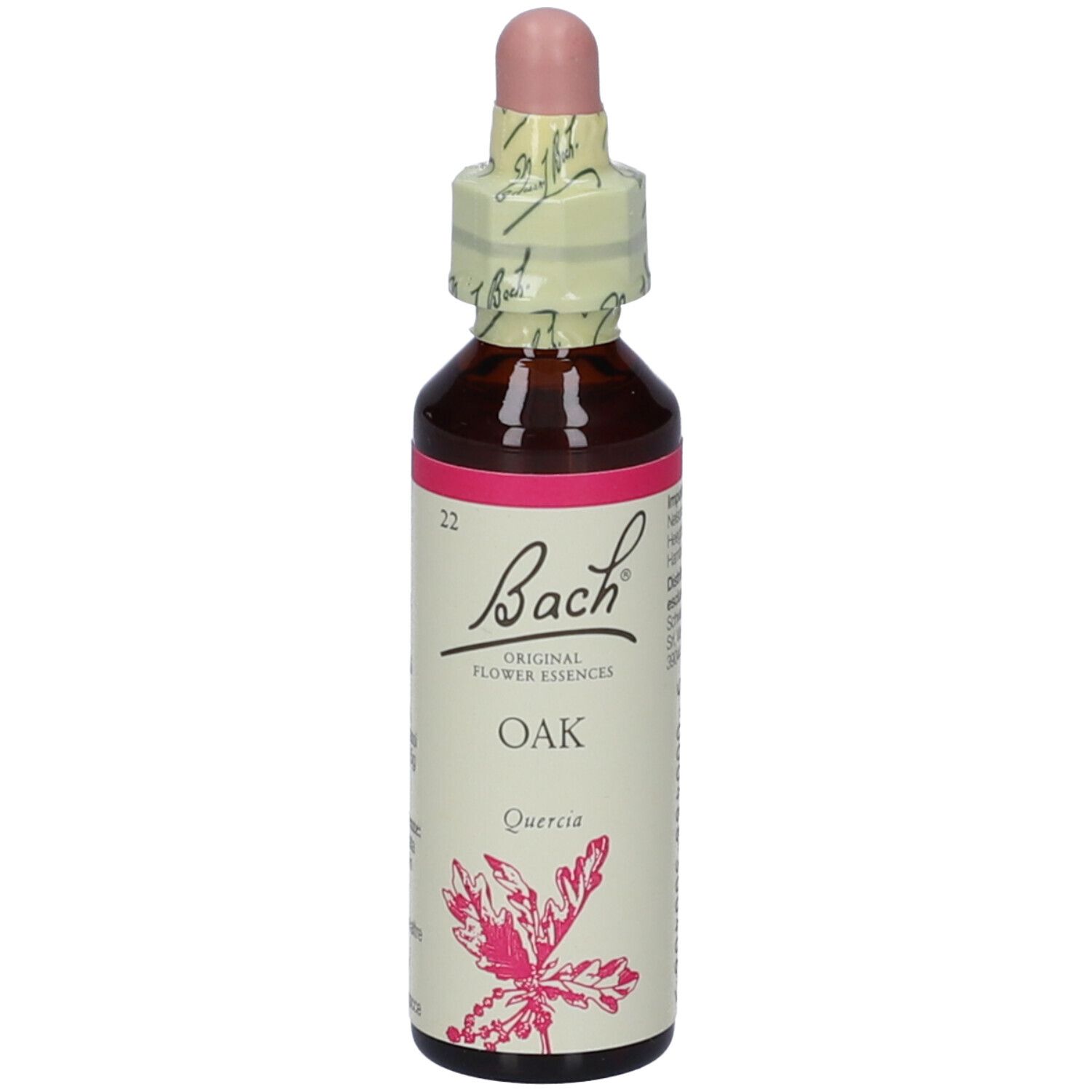 Flacone di vetro marrone con tappo rosa ed etichetta. Scritta: Bach Original Flower Essences, OAK, Quercia.