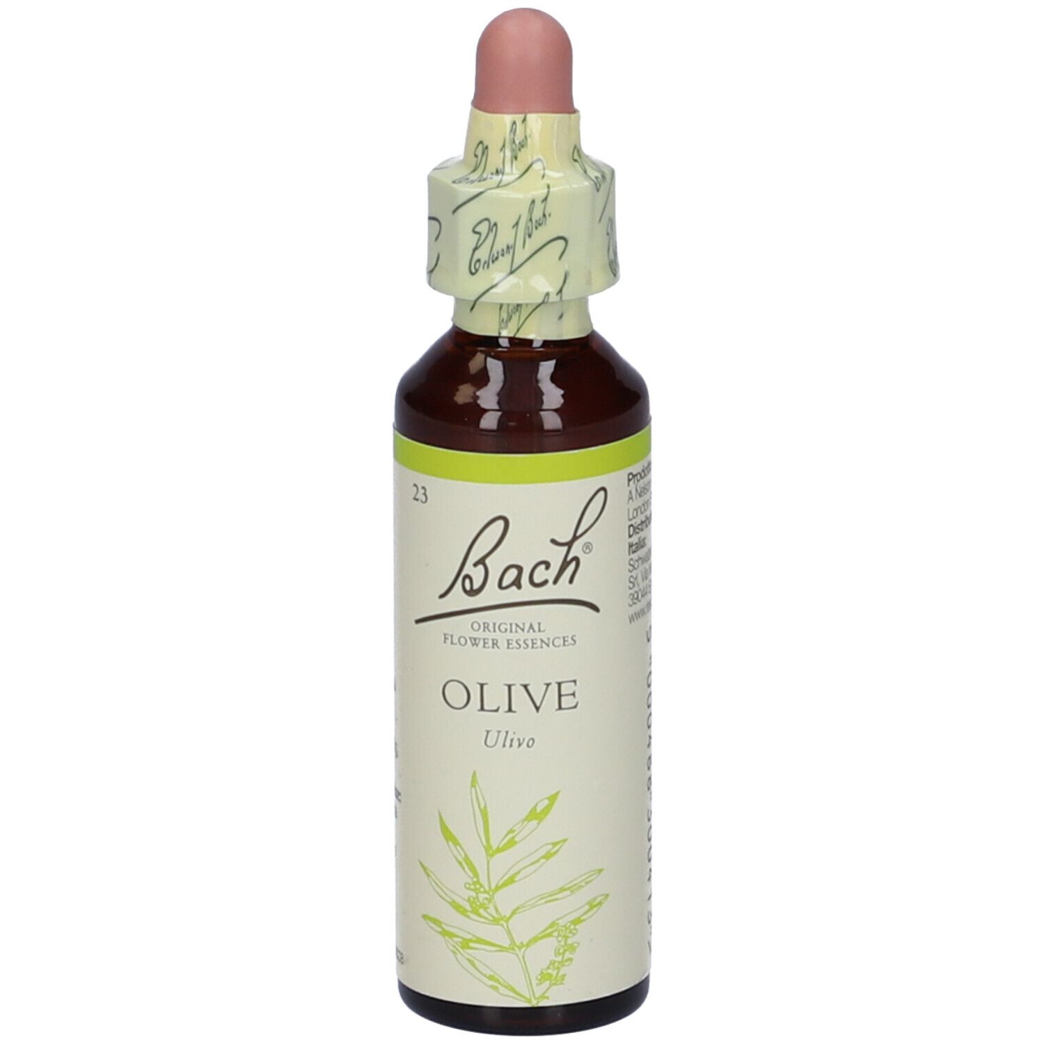 Flacone marrone con contagocce. Etichetta con "Bach", "OLIVE" e motivo floreale.