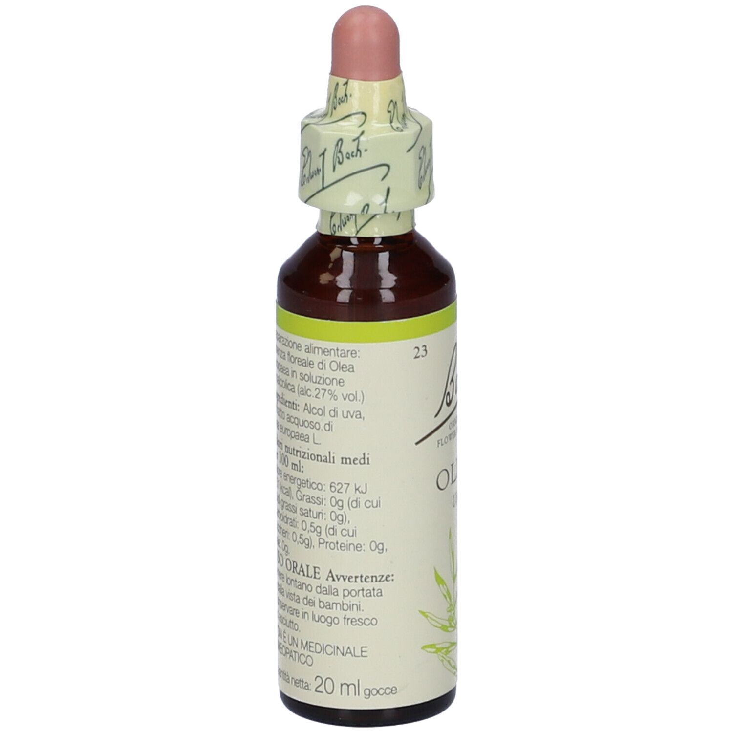 Flacone marrone con contagocce. Etichetta con testo e motivo floreale. Retro con informazioni.