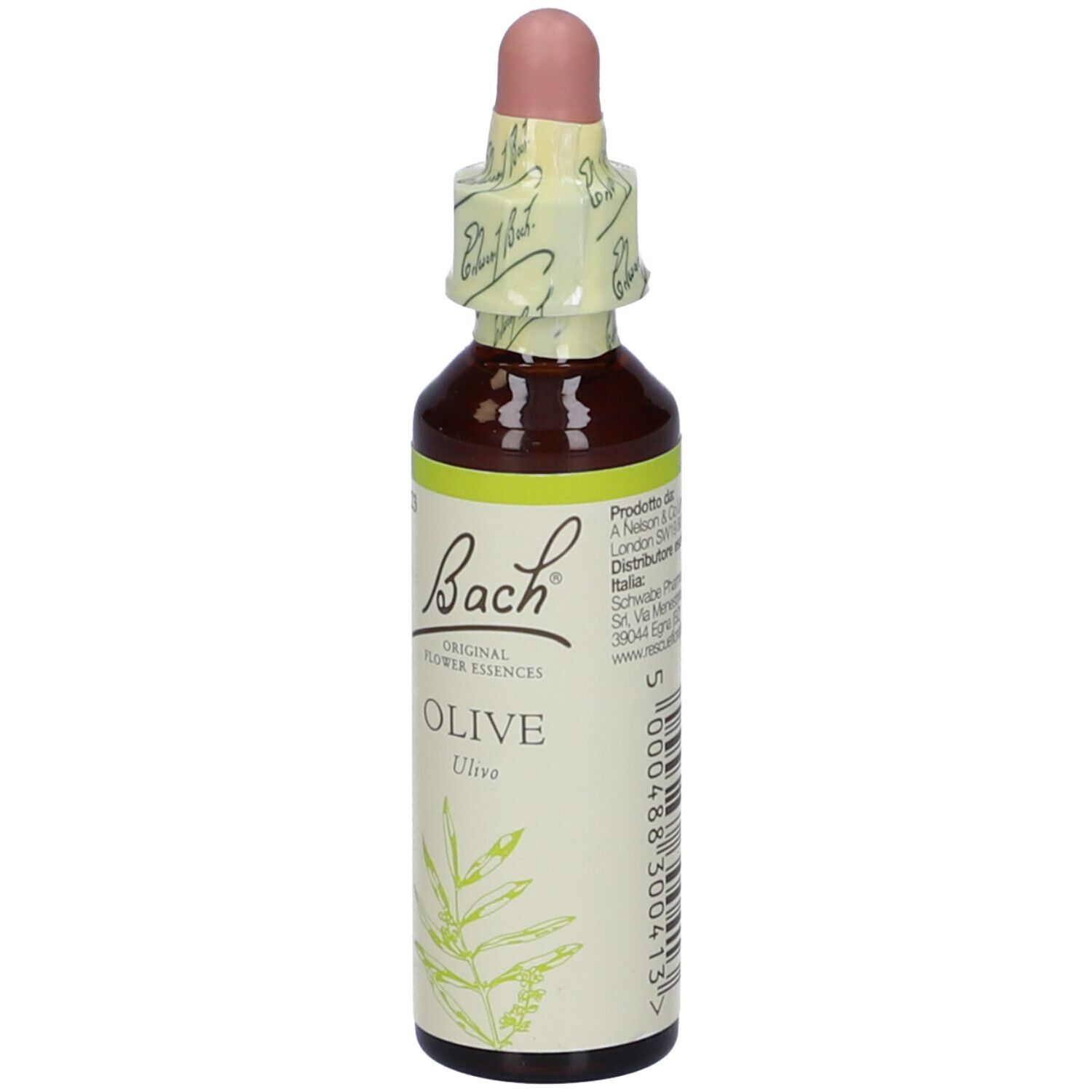 Flacone marrone con contagocce. Etichetta con "Bach", "OLIVE" e motivo floreale.