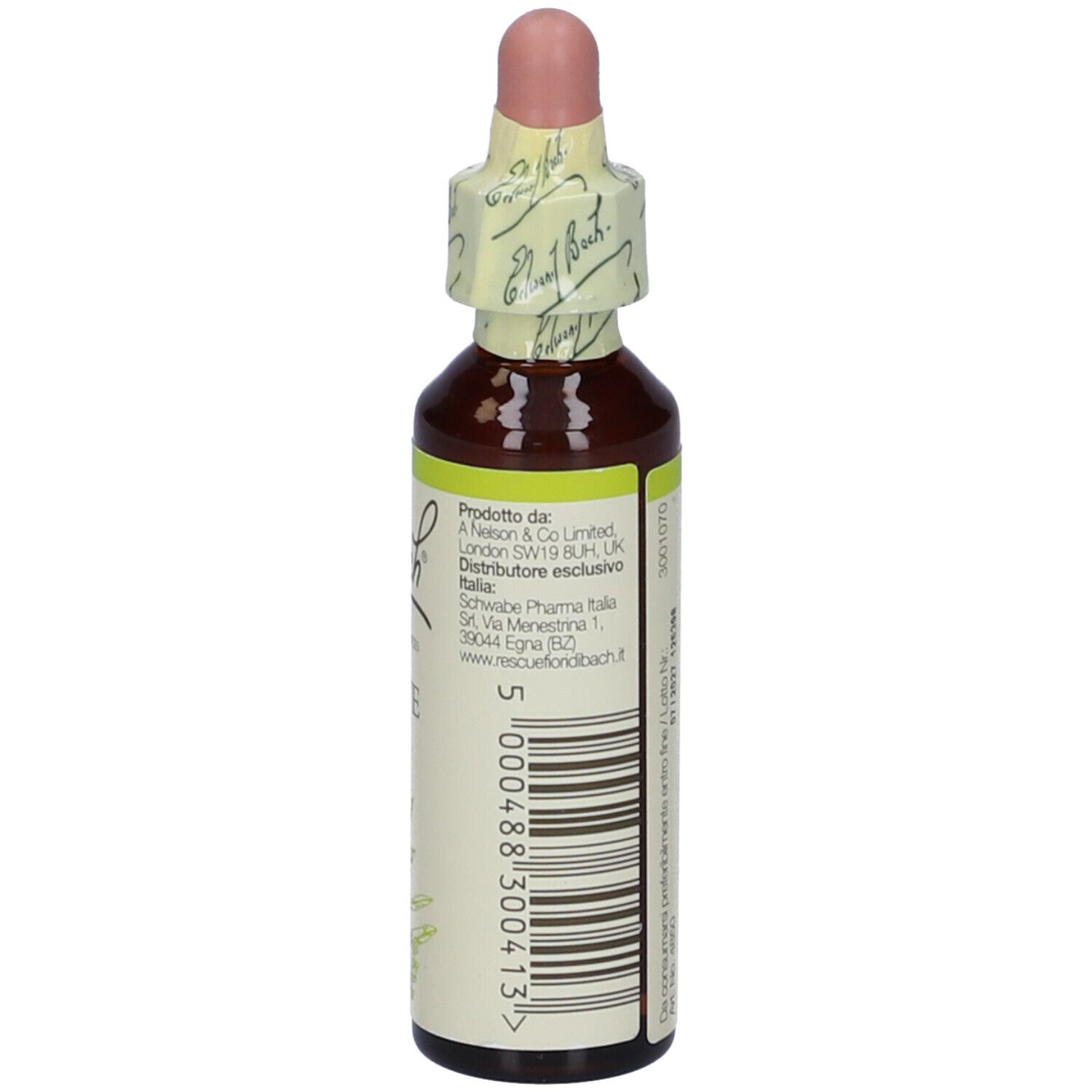 Flacone marrone con contagocce. Etichetta con testo e motivo floreale. Retro con informazioni.