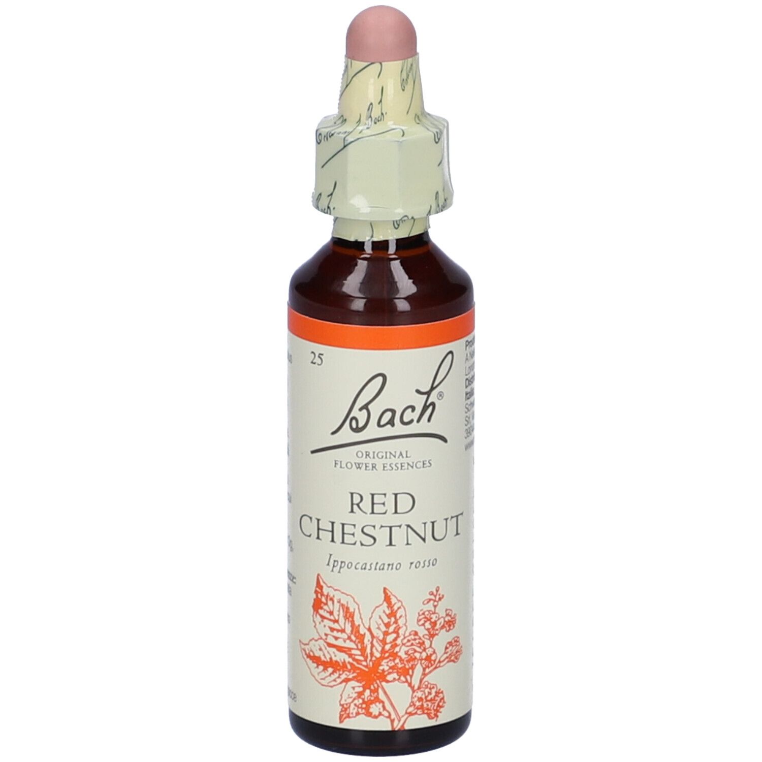 Flacone di vetro marrone con contagocce e sigillo. Etichetta "Bach" e "Red Chestnut".