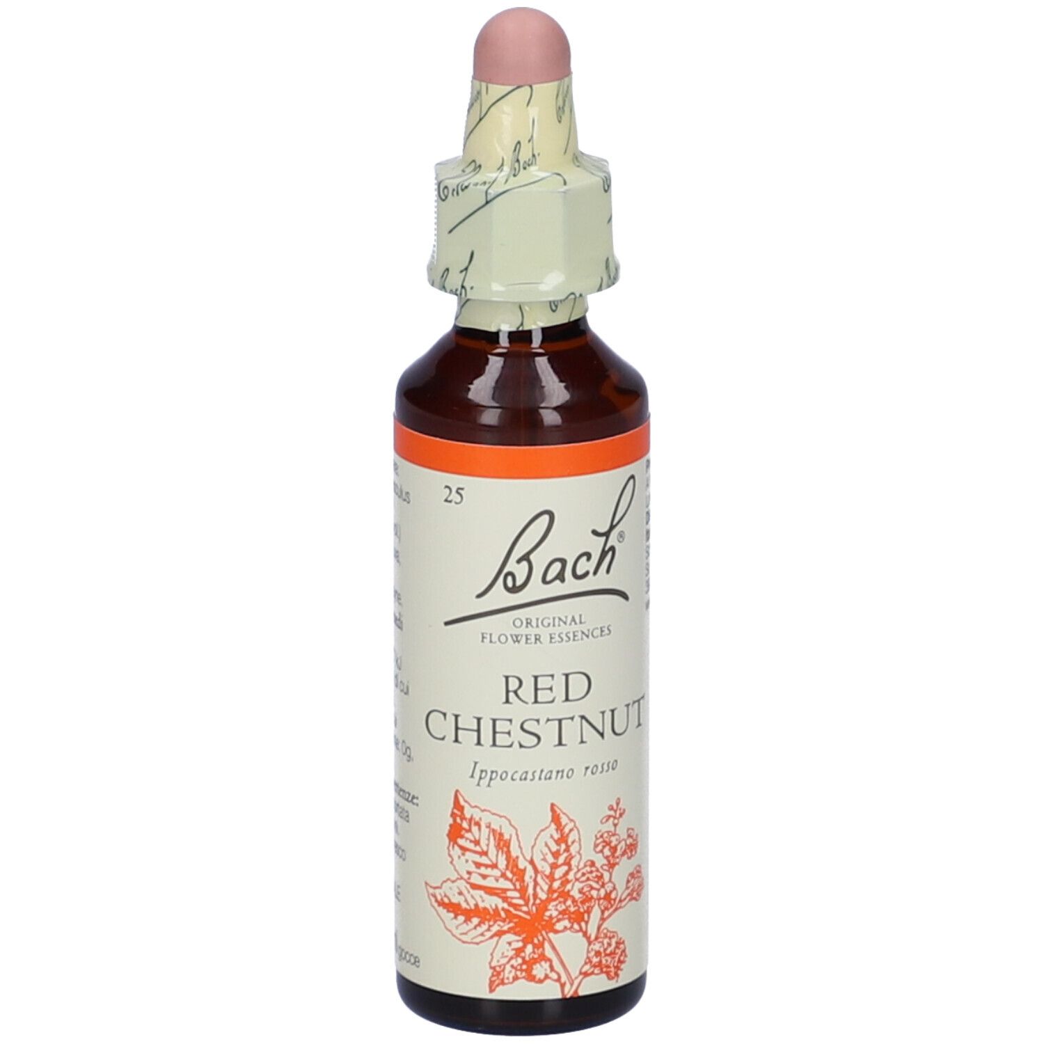 Flacone di vetro marrone con contagocce e sigillo. Etichetta "Bach" e "Red Chestnut".