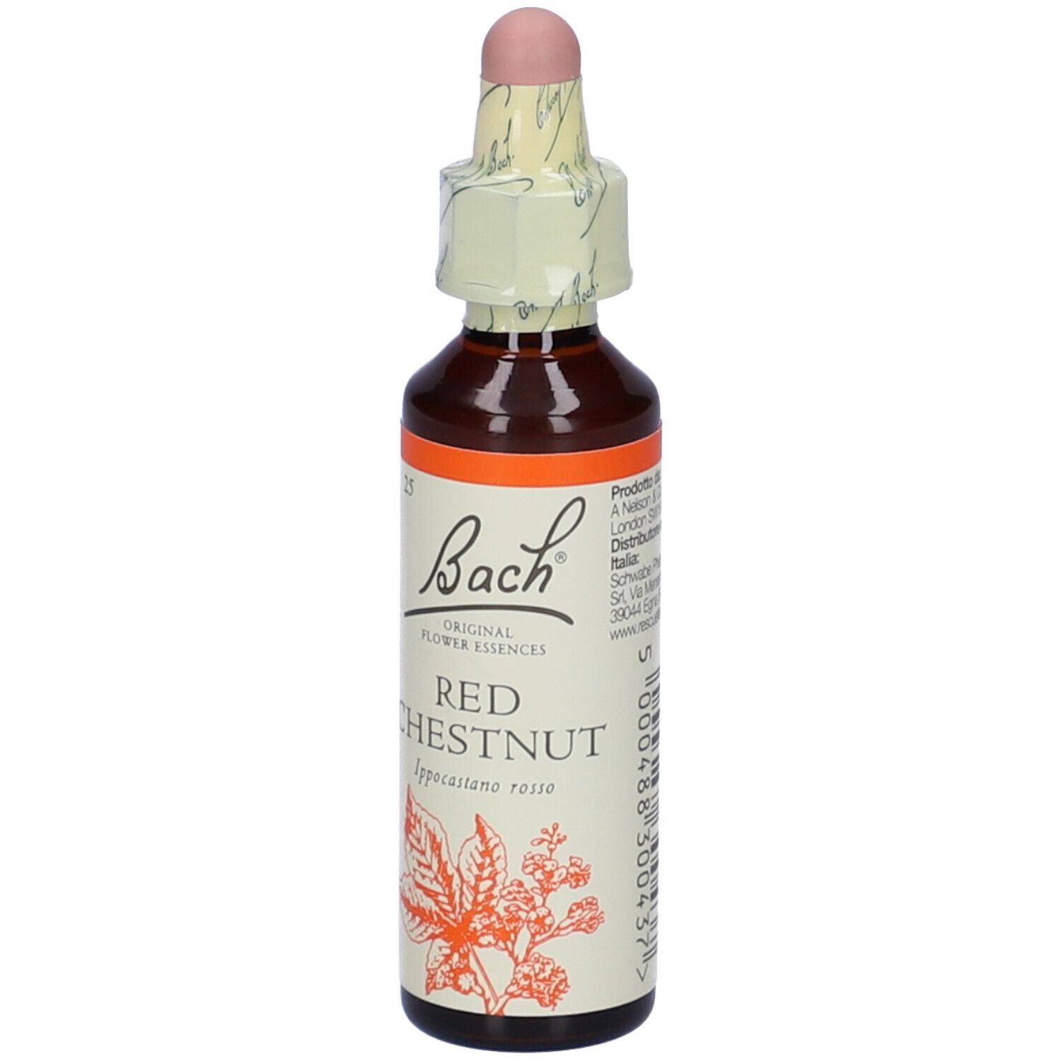 Flacone di vetro marrone con contagocce e sigillo. Etichetta "Bach" e "Red Chestnut".