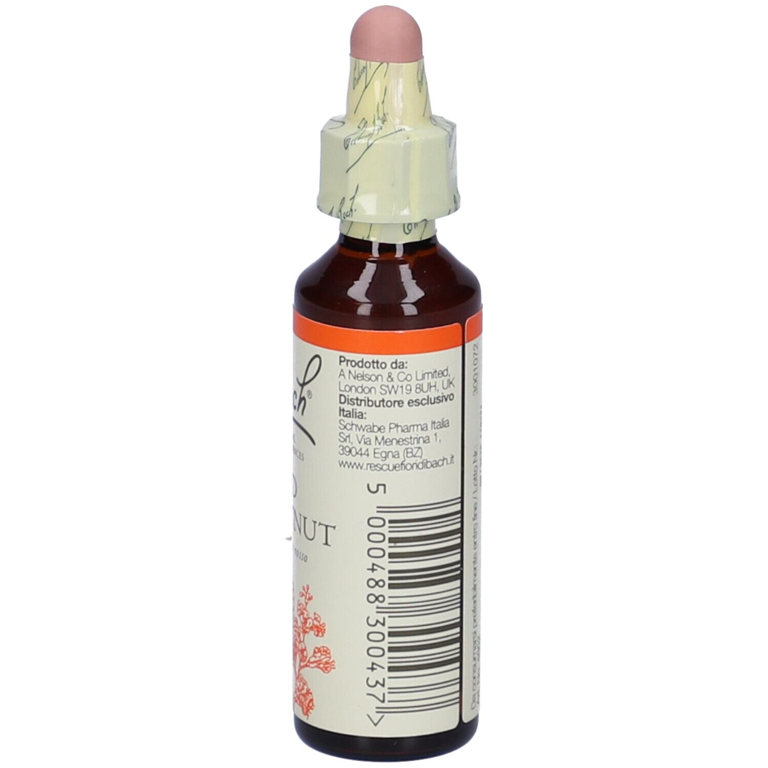 Flacone di vetro marrone con contagocce e sigillo. Etichetta con codice a barre e logo "Bach".