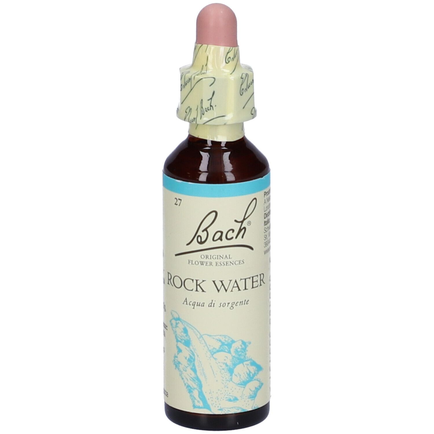 Flacone di vetro marrone con contagocce rosa e chiusura in carta. Scritta: Bach Rock Water.