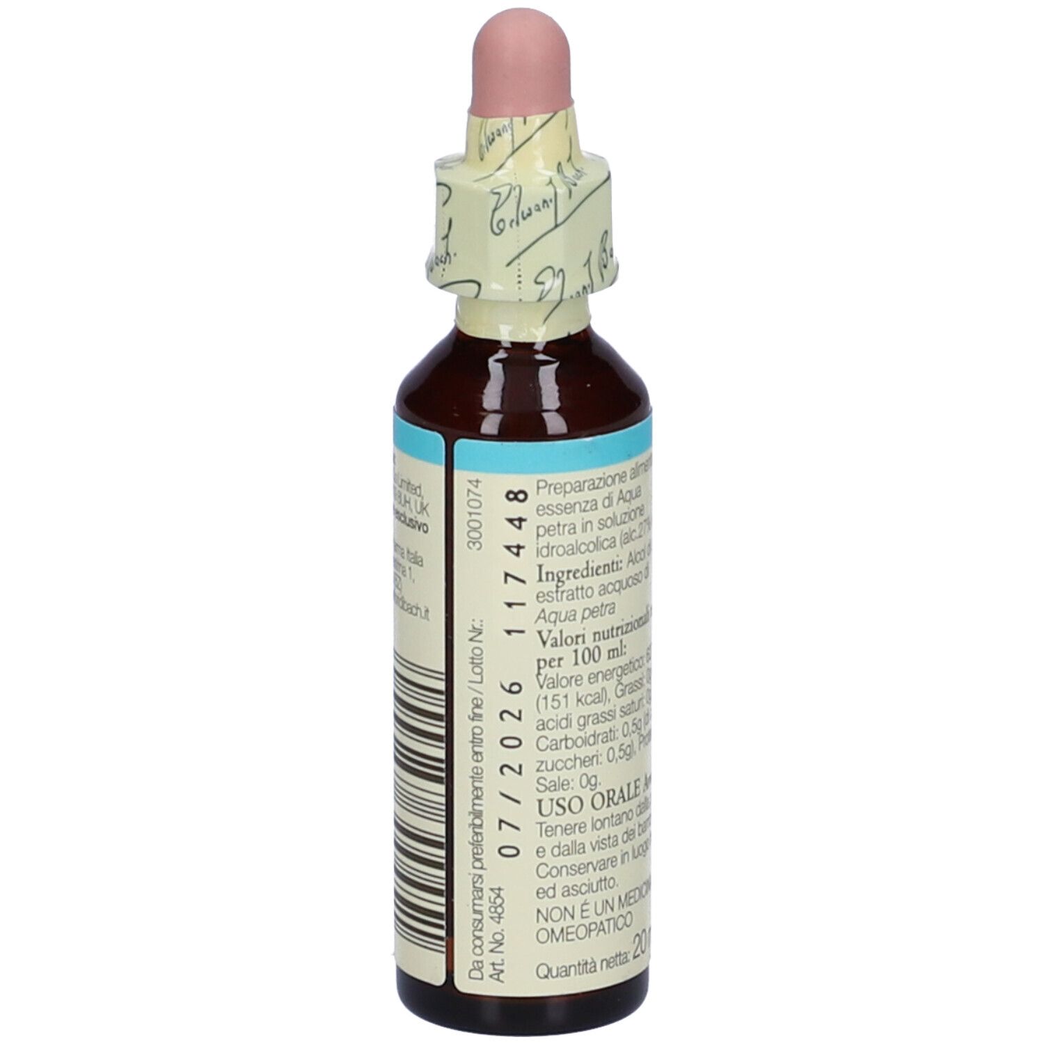 Flacone di vetro marrone con contagocce rosa e chiusura in carta. Retro con informazioni e codice a barre.