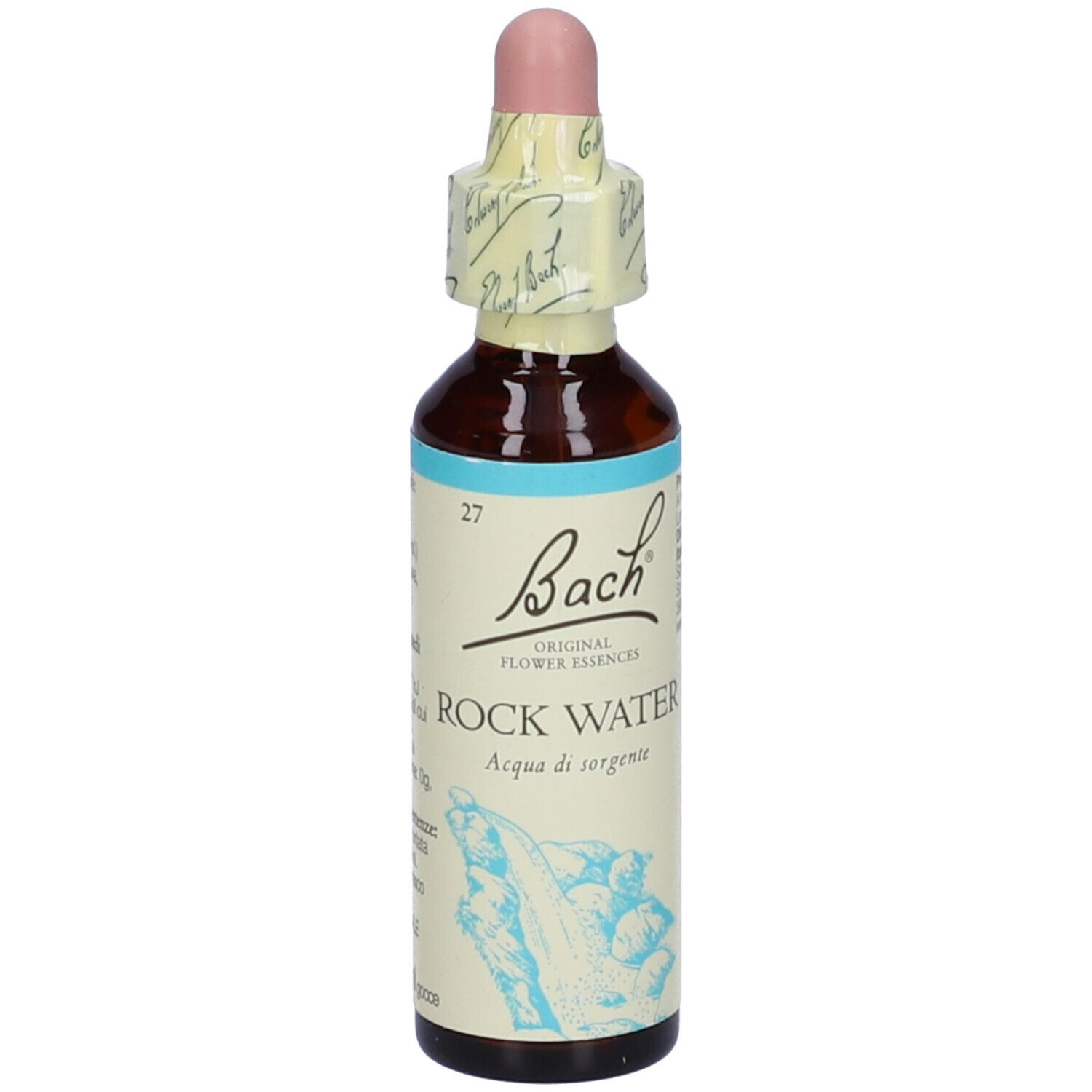 Flacone di vetro marrone con contagocce rosa e chiusura in carta. Scritta: Bach Rock Water.