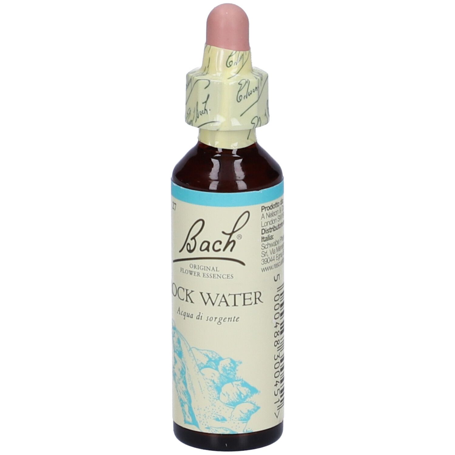 Flacone di vetro marrone con contagocce rosa e chiusura in carta. Scritta: Bach Rock Water.
