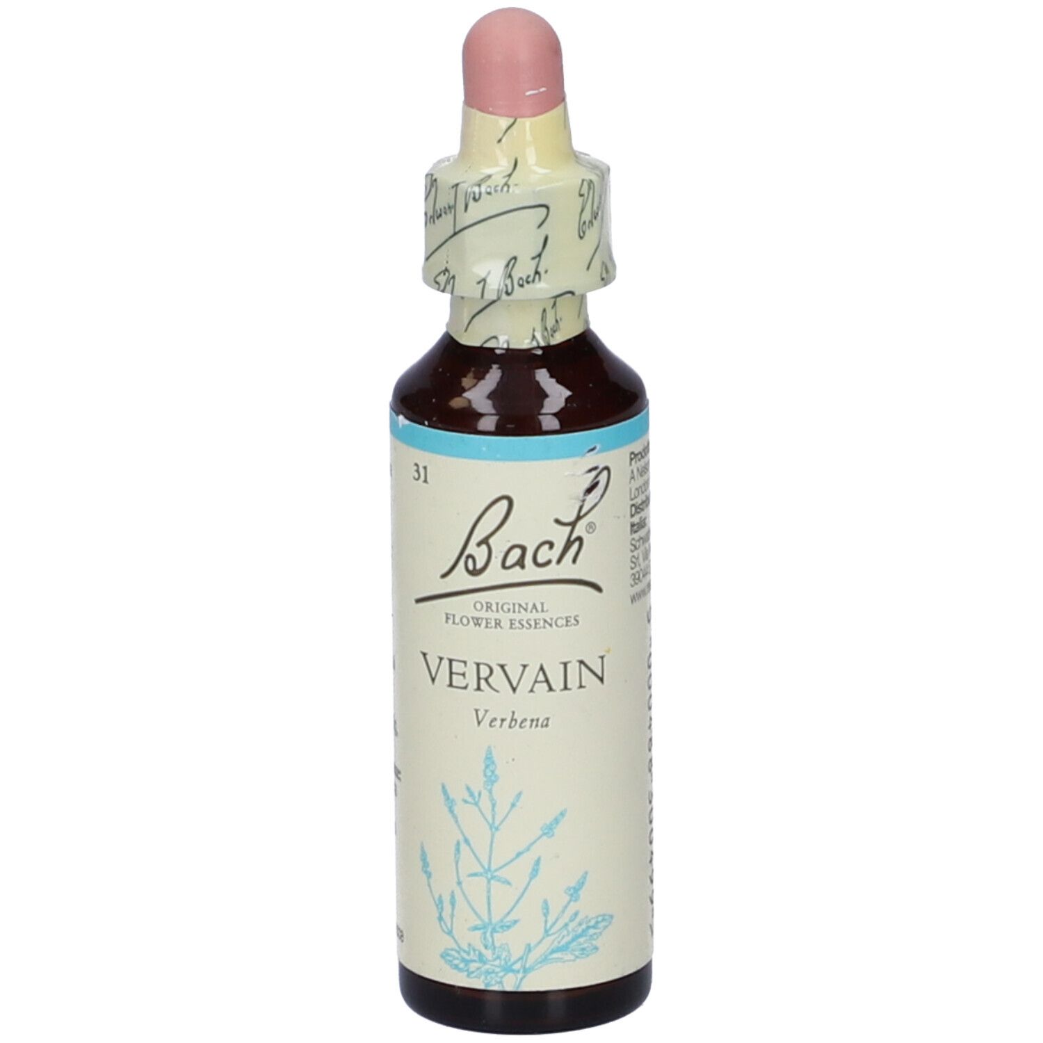 Flacone di vetro marrone con contagocce. Scritta: Bach Vervain. Sigillo sul tappo.