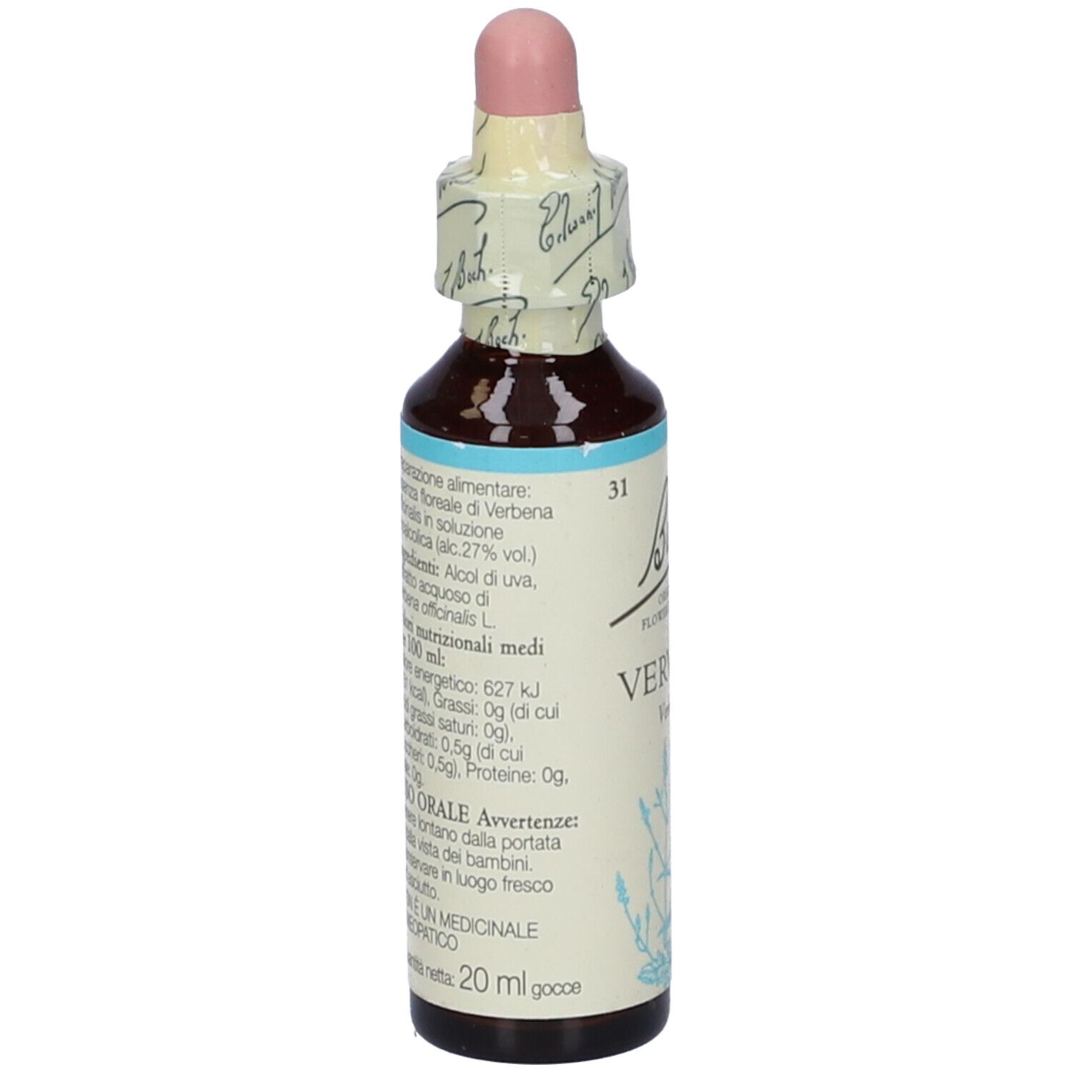 Flacone di vetro marrone con contagocce. Scritta: Bach Vervain. Etichetta con informazioni e avvertenze.