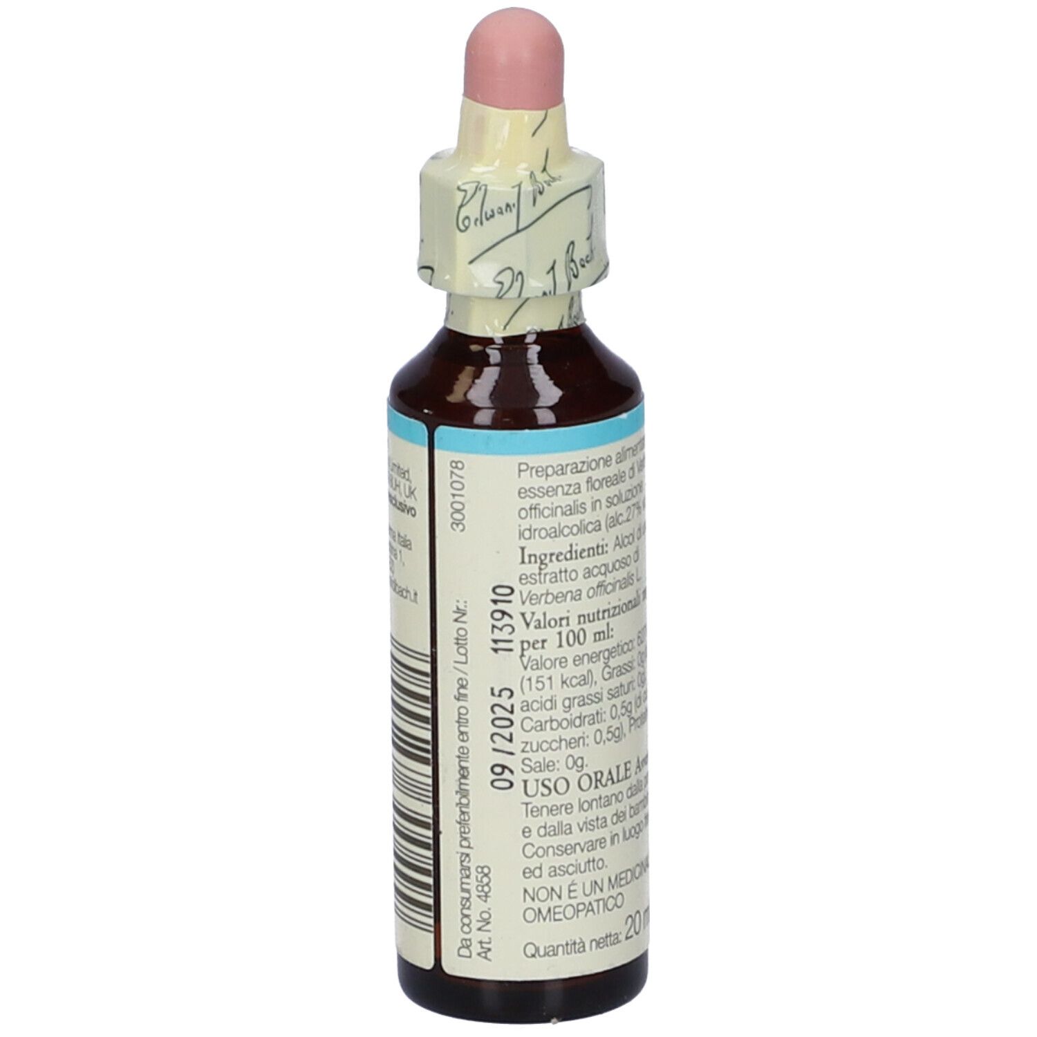 Flacone di vetro marrone con contagocce. Scritta: Bach Vervain. Etichetta con informazioni e data di scadenza.