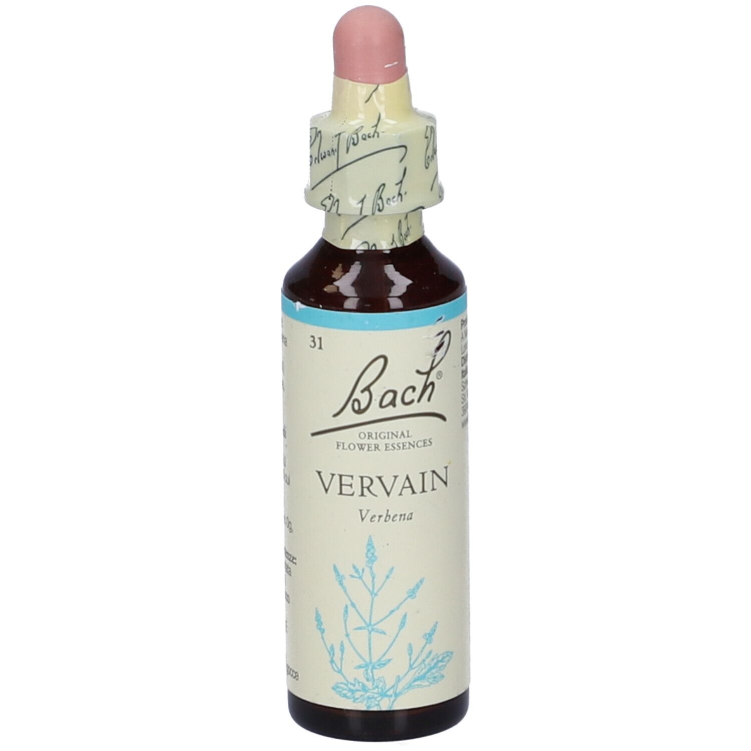 Flacone di vetro marrone con contagocce. Scritta: Bach Vervain. Etichetta con informazioni e data di scadenza.