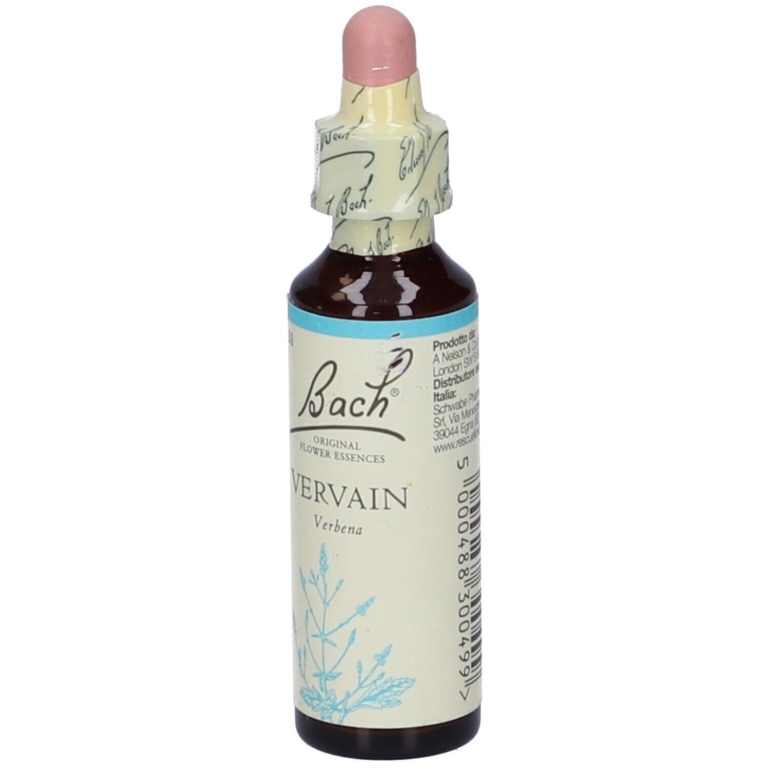 Flacone di vetro marrone con contagocce. Scritta: Bach Vervain. Etichetta con informazioni del produttore.