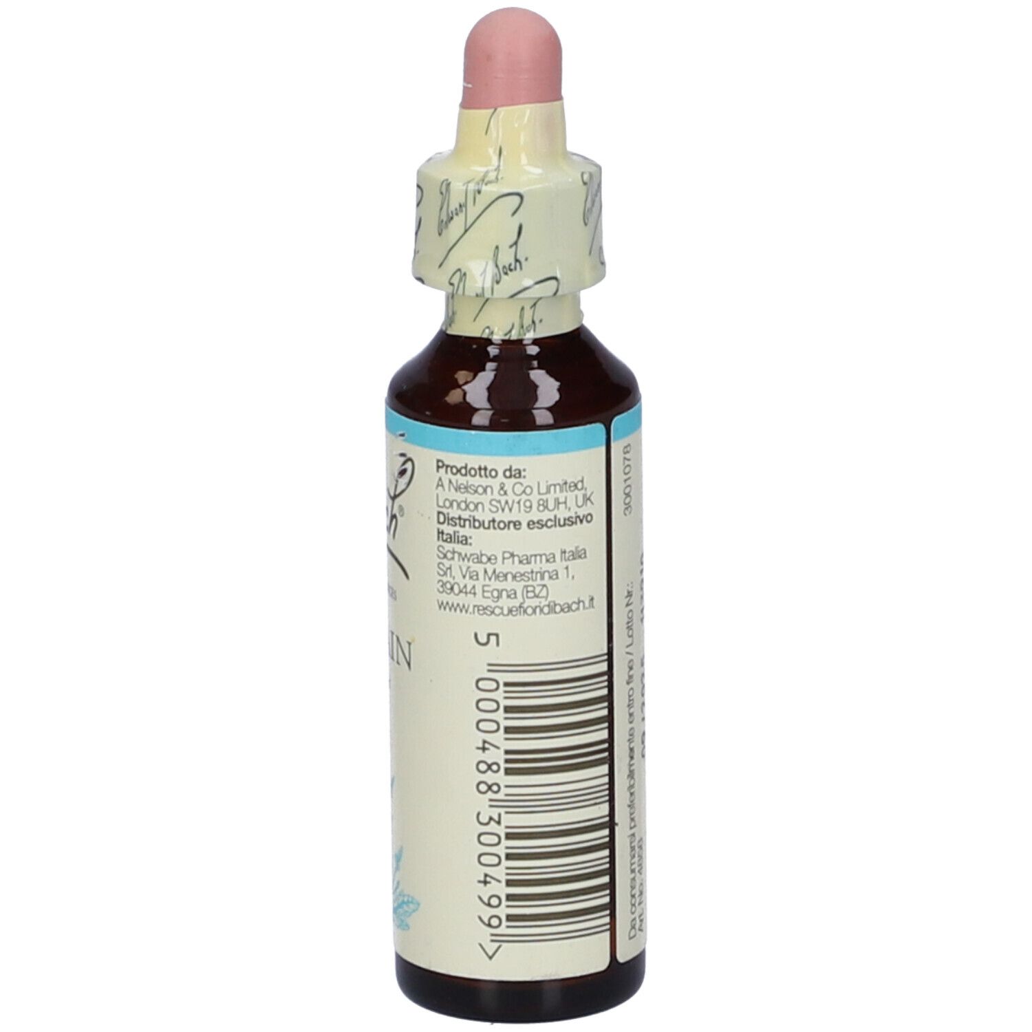 Flacone di vetro marrone con contagocce. Scritta: Bach Vervain. Etichetta con informazioni produttore e codice a barre.