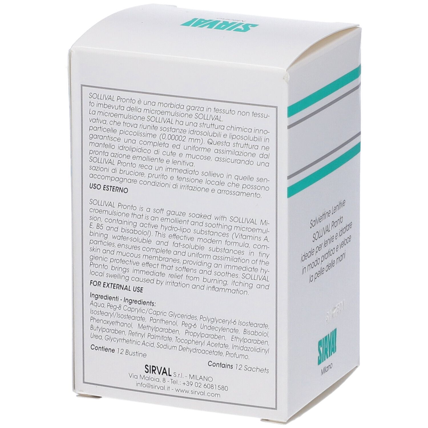 Retro della confezione SOLLIVAL Pronto. Ingredienti e istruzioni in italiano.