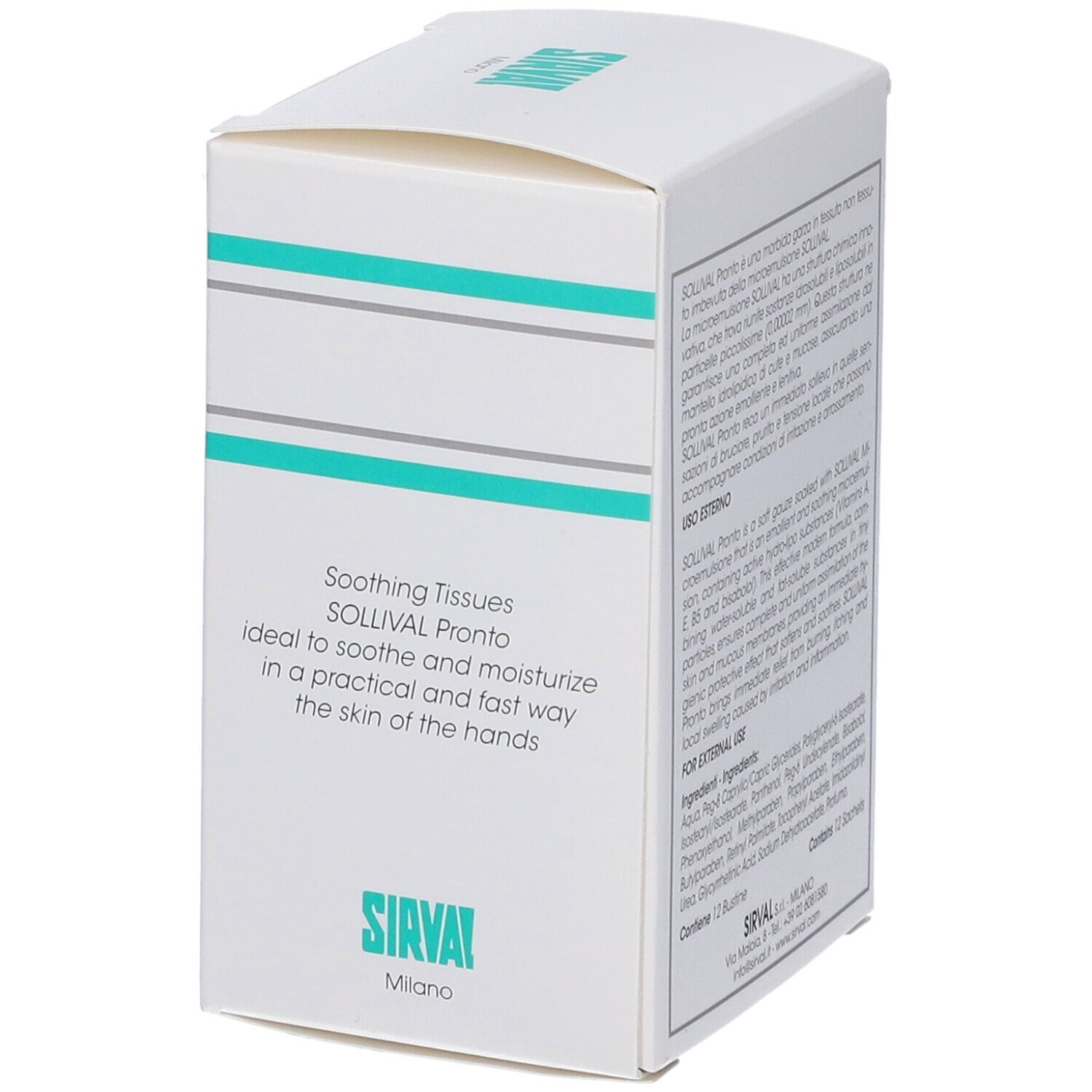 Retro della confezione SOLLIVAL Pronto. Testo in italiano e inglese.