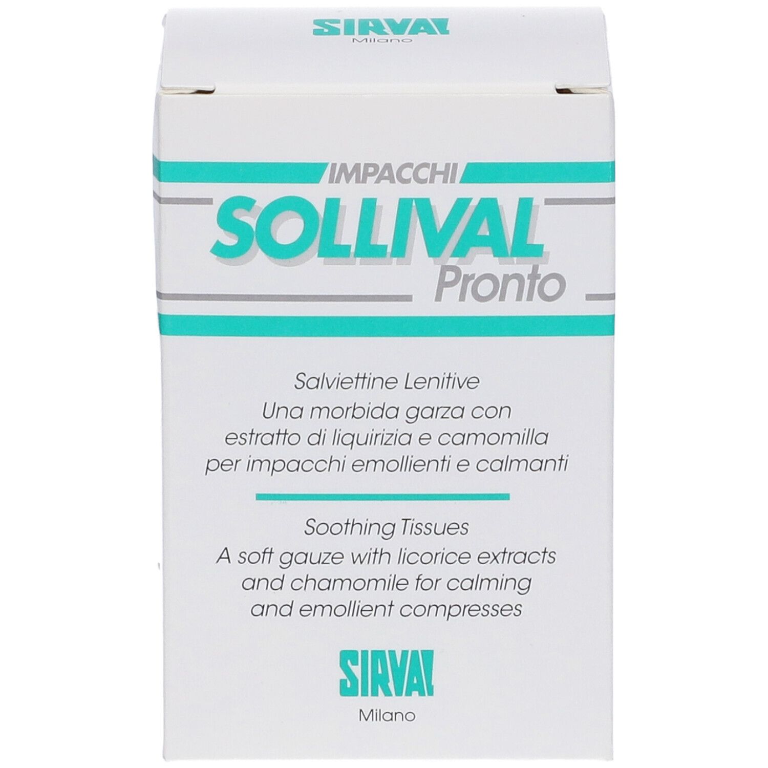 Confezione SOLLIVAL Pronto. Testo in italiano e inglese. Contiene compresse lenitive.