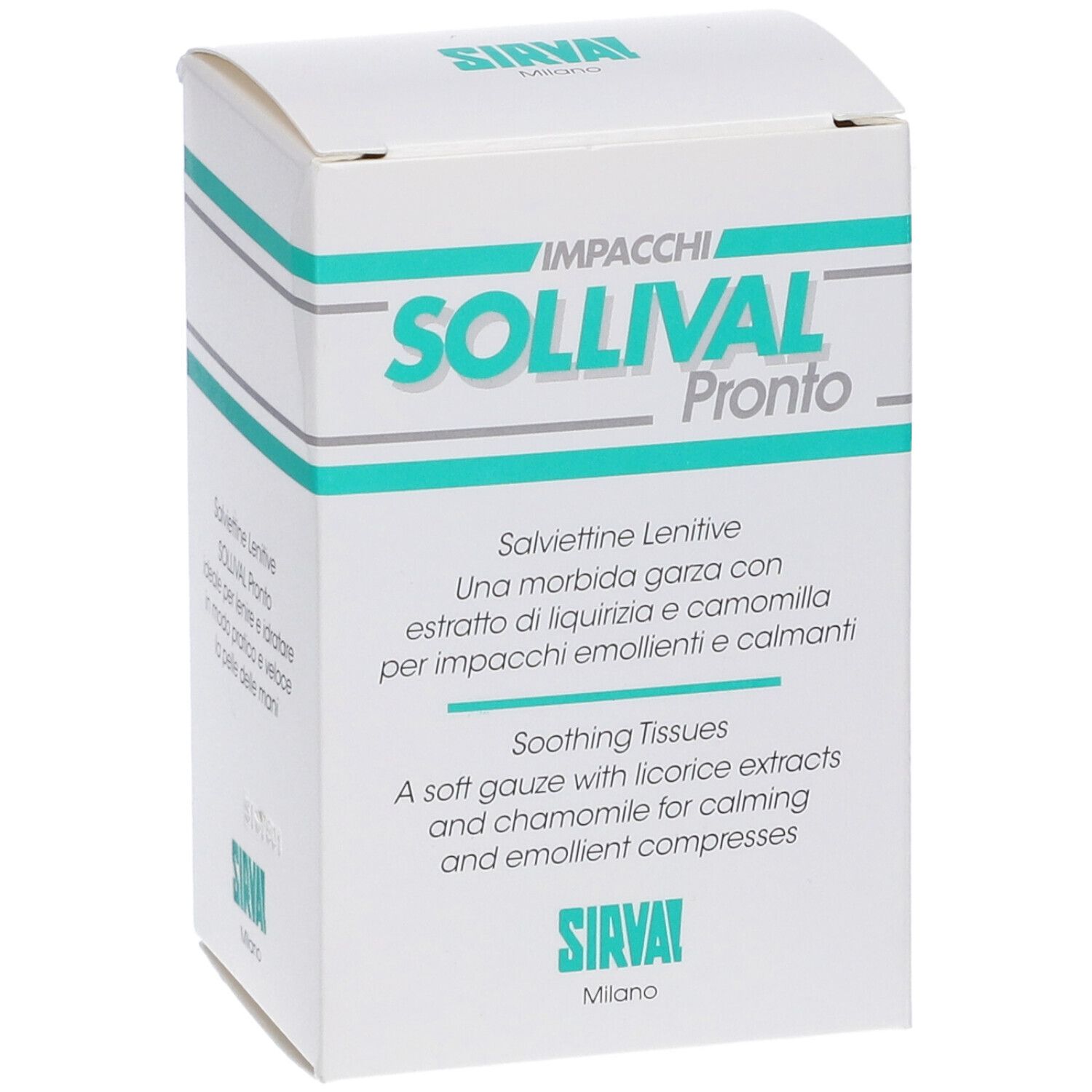 Confezione SOLLIVAL Pronto. Testo in italiano e inglese. Contiene compresse lenitive.