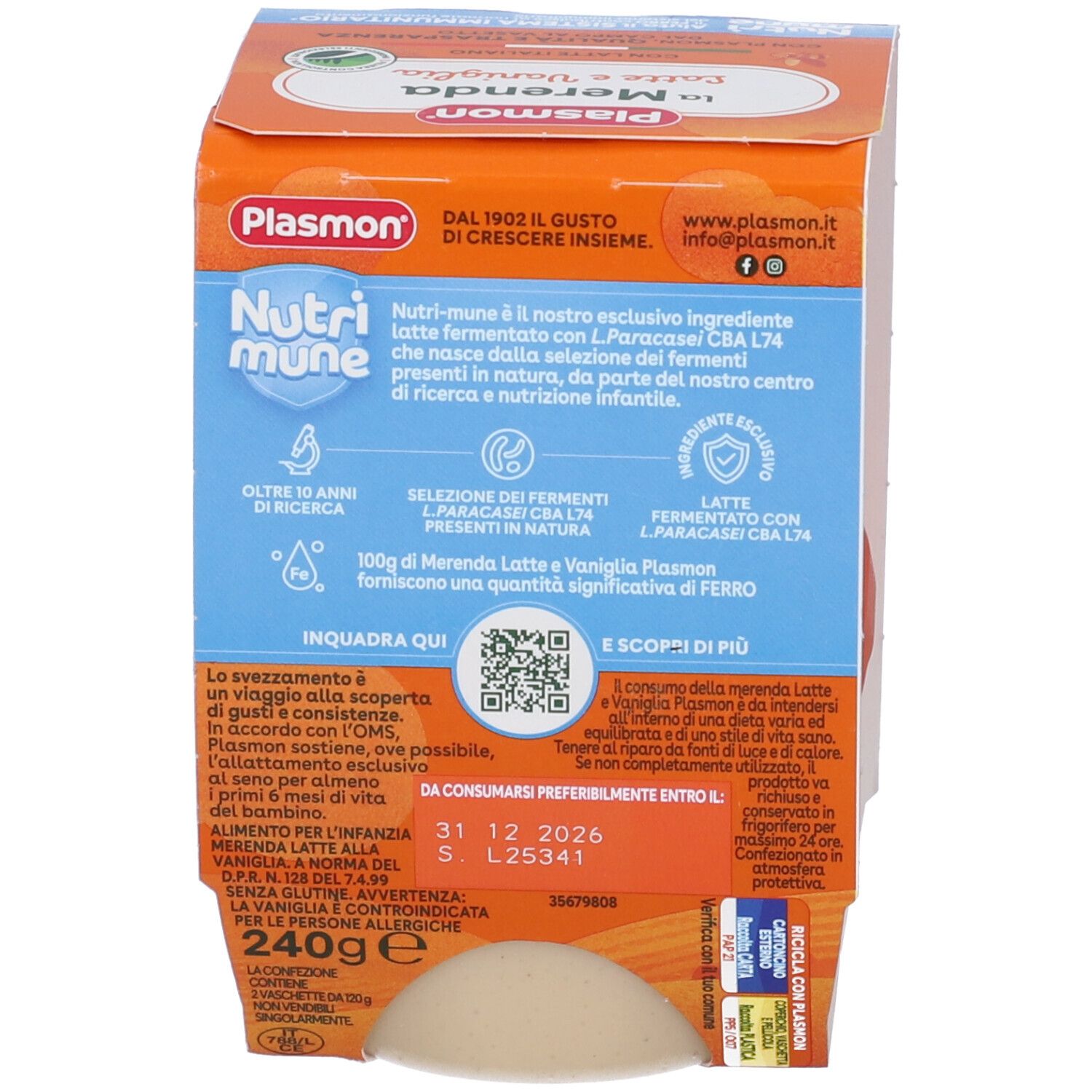 Retro della confezione Plasmon La Merenda. Informazioni testuali, codice QR e data di scadenza. Contiene 240g.