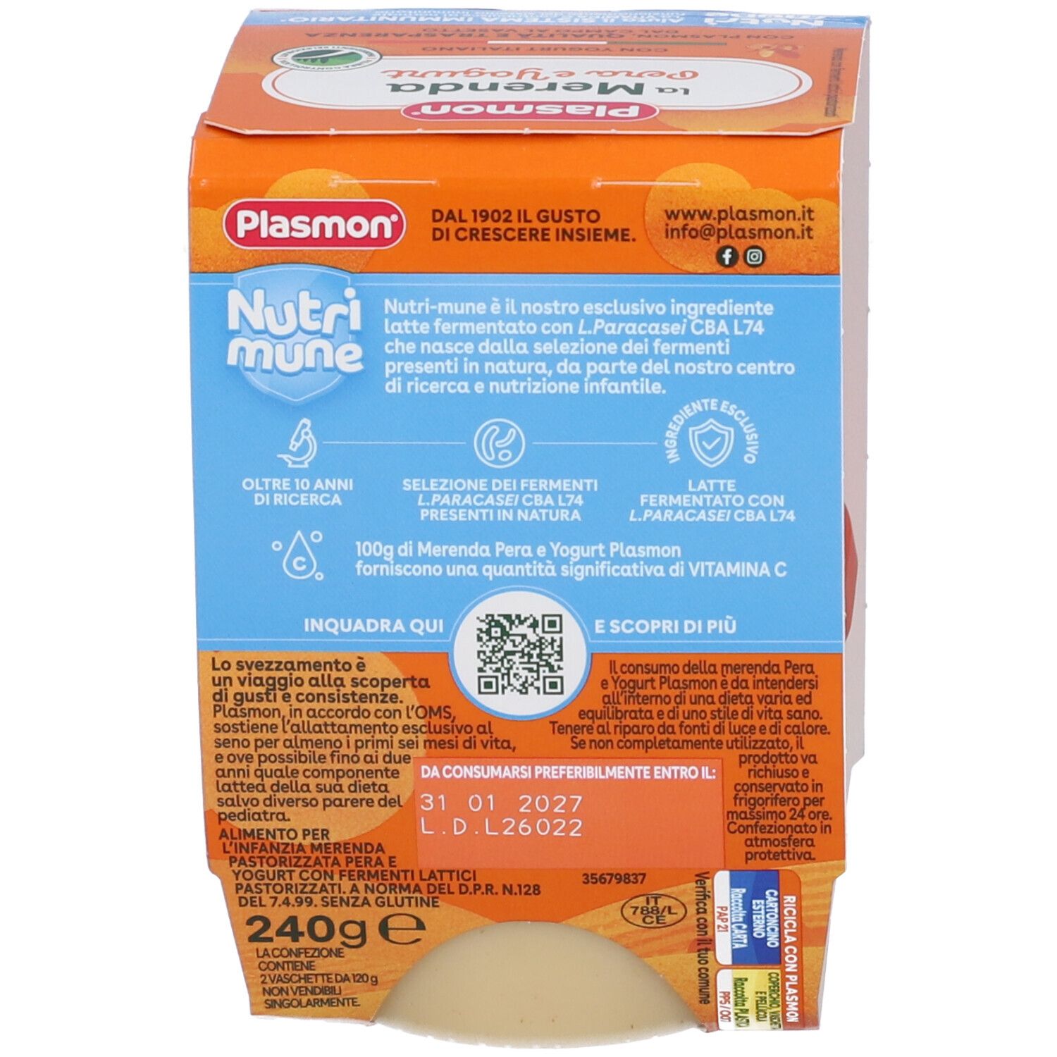 Retro della confezione Plasmon La Merenda. Testo e codice QR su sfondo arancione. Contiene informazioni sul prodotto.