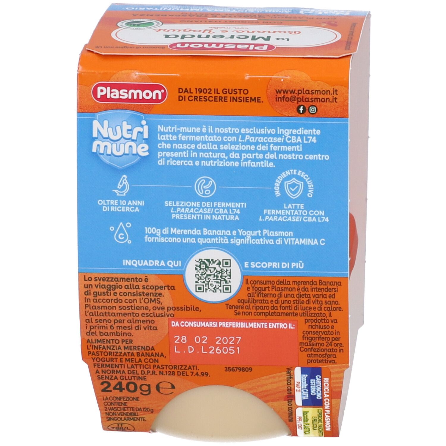 Retro della confezione Plasmon La Merenda. Contiene testo e codice QR. Mostra informazioni sul prodotto e sui suoi ingredienti.