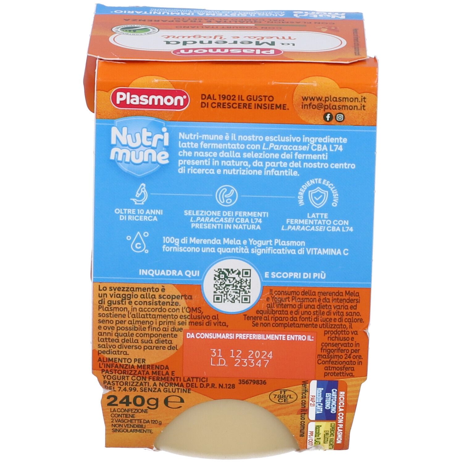 Plasmon La Merenda Dei Bambini Sapori Di Natura Mela Yogurt Asettico 2 X 120 G