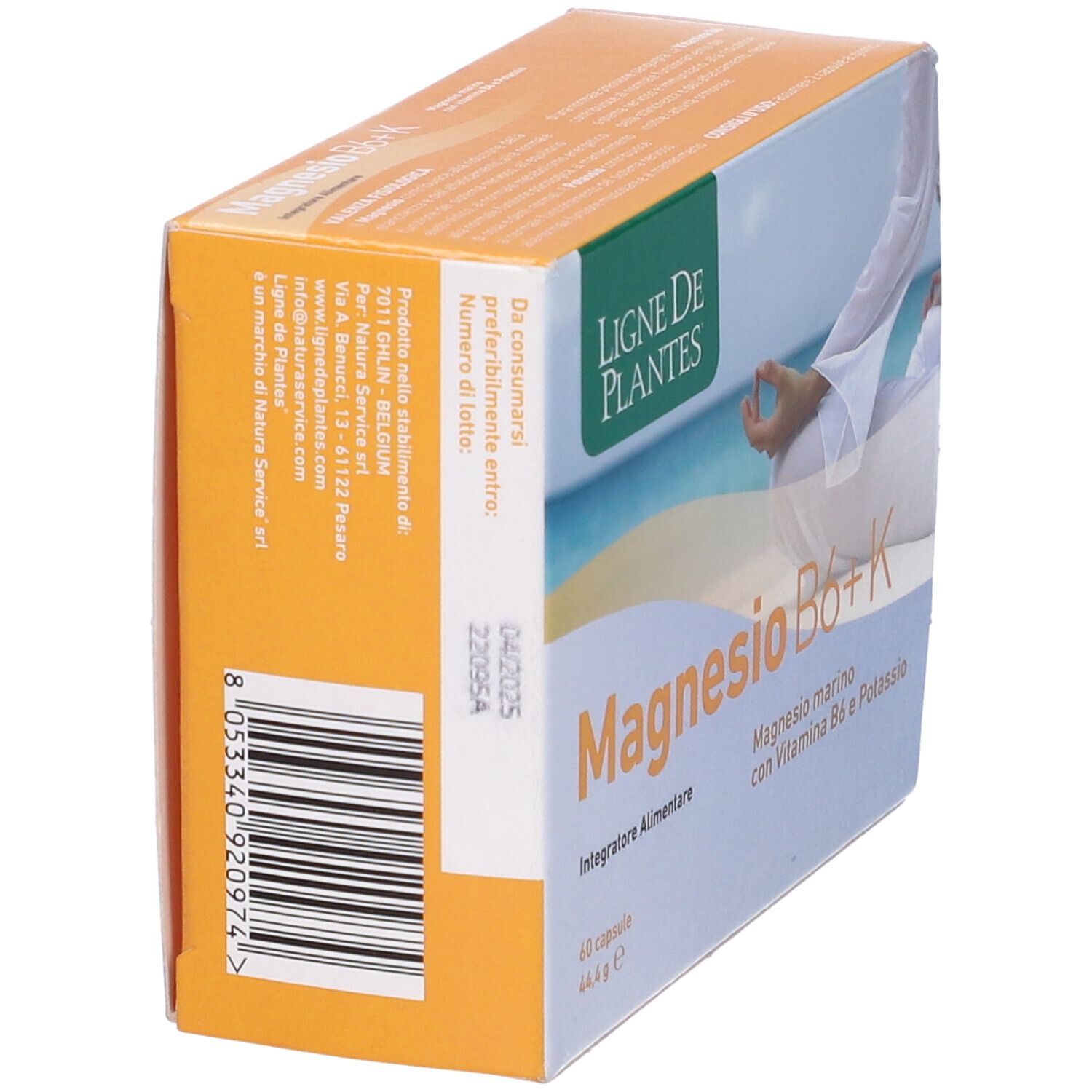 Vista obliqua della confezione del prodotto. Scritta: Magnesio B6+K. Marchio: Ligne de Plantes. Codice a barre e informazioni sulla scadenza.
