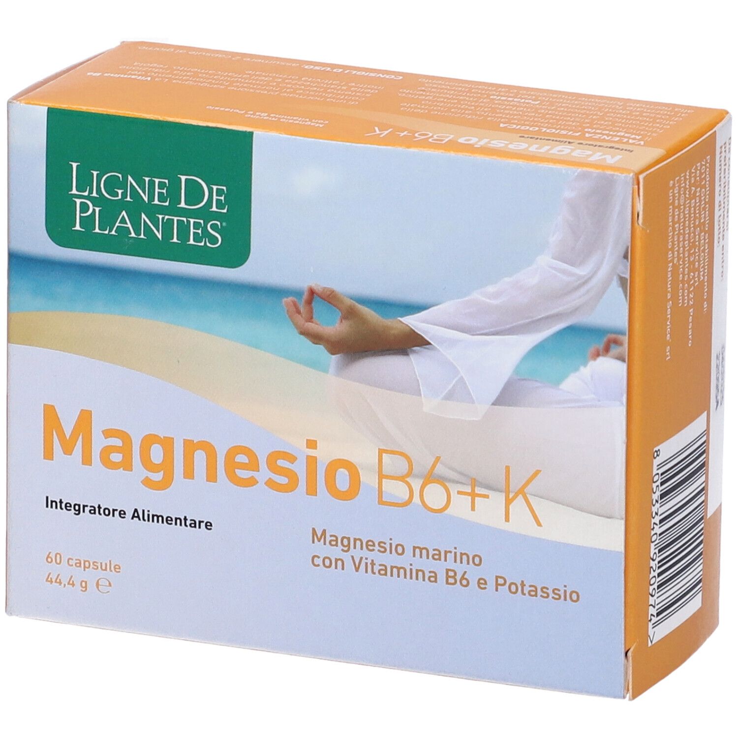 Confezione del prodotto con scritta Magnesio B6+K. Marchio: Ligne de Plantes. 60 capsule. Immagine di persona in meditazione.
