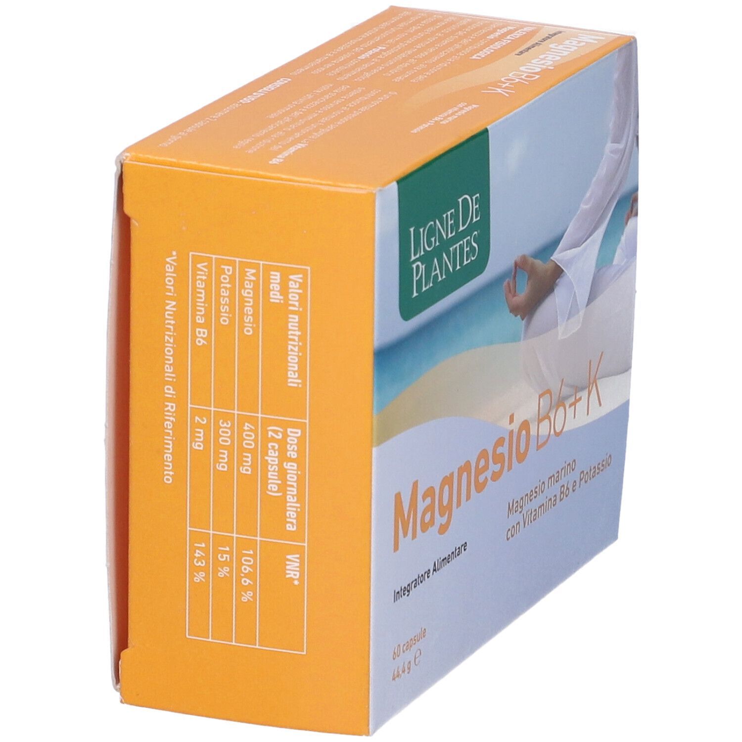 Vista obliqua della confezione del prodotto. Scritta: Magnesio B6+K. Marchio: Ligne de Plantes. Tabella nutrizionale sul lato.
