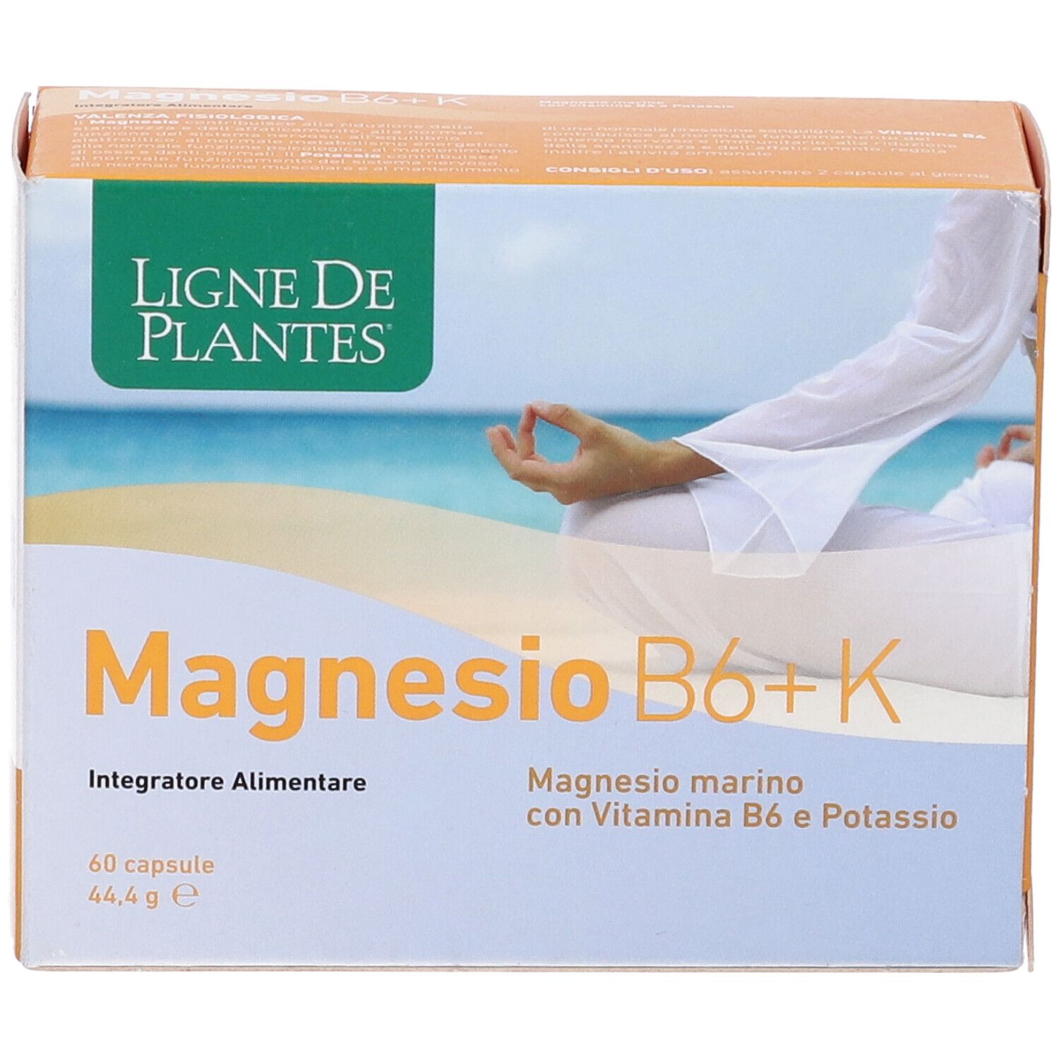 Confezione del prodotto con scritta Magnesio B6+K. Marchio: Ligne de Plantes. 60 capsule. Immagine di persona in meditazione.