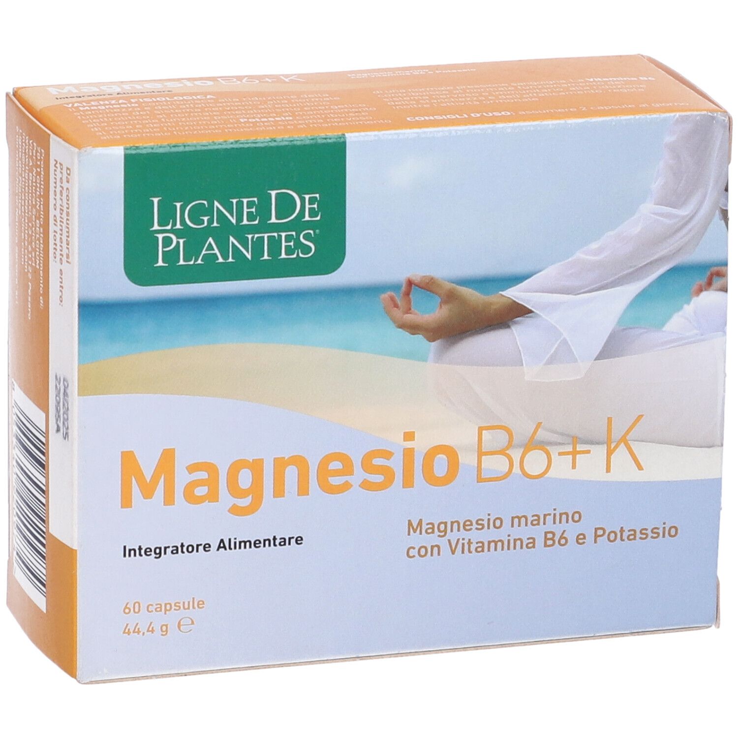 Confezione del prodotto con scritta Magnesio B6+K. Marchio: Ligne de Plantes. 60 capsule. Immagine di persona in meditazione.