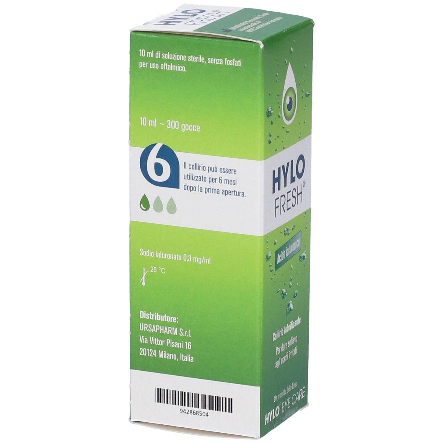 Scatola verde HYLO FRESH. Contiene 10 ml di soluzione sterile. Scritto: 10 ml - 300 gocce. Durata dopo apertura: 6 mesi.