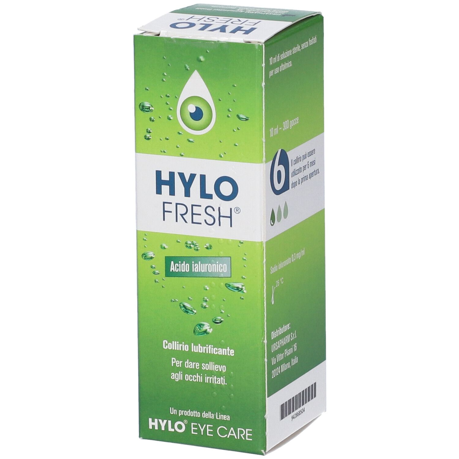 Scatola verde HYLO FRESH. Collirio per occhi irritati. Contiene acido ialuronico. Logo occhio e goccia.