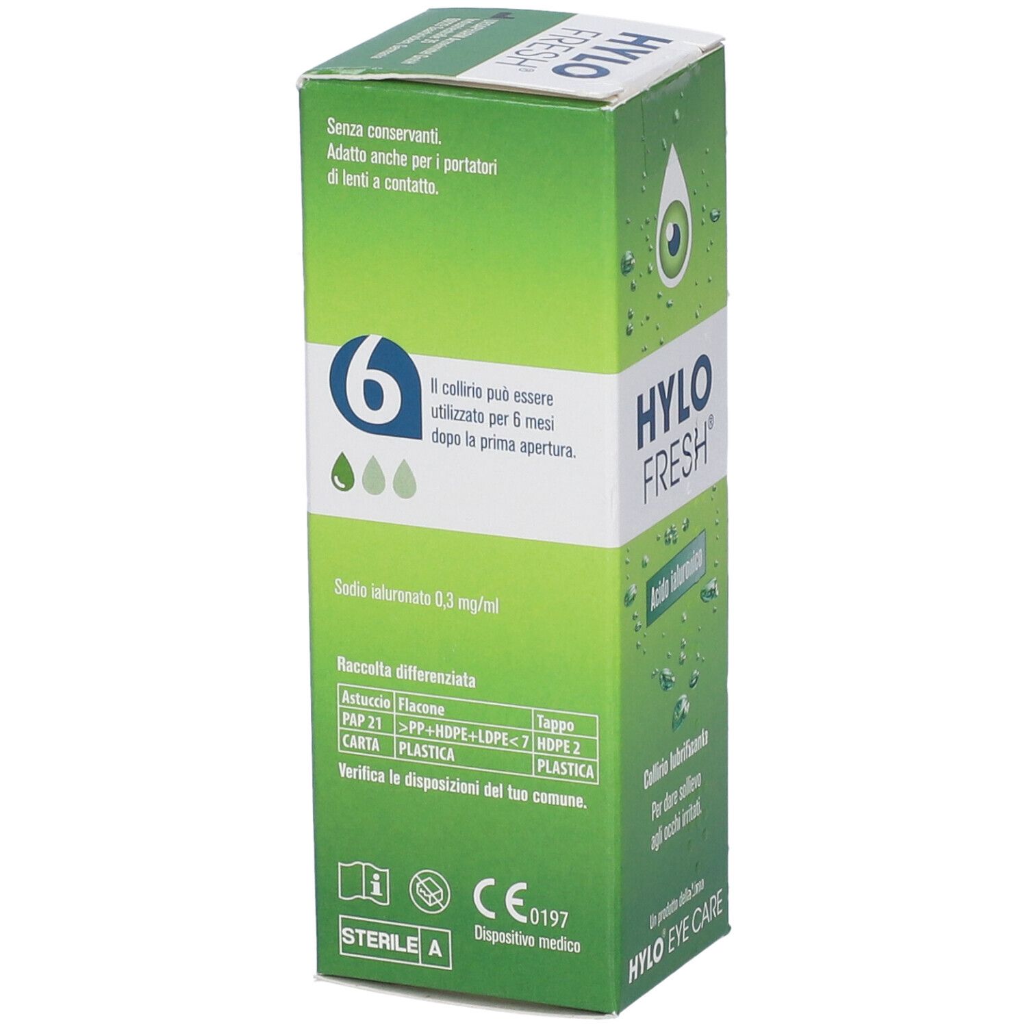 Scatola verde HYLO FRESH. Collirio per portatori di lenti. Contiene acido ialuronico. Marchio CE.