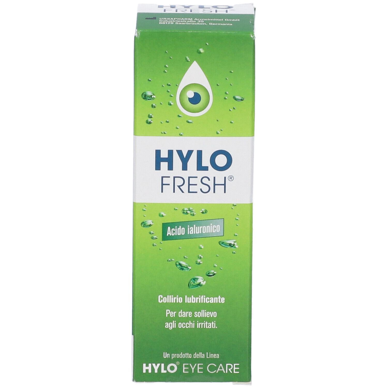 Scatola verde HYLO FRESH. Collirio per occhi irritati. Contiene acido ialuronico. Logo occhio e goccia.