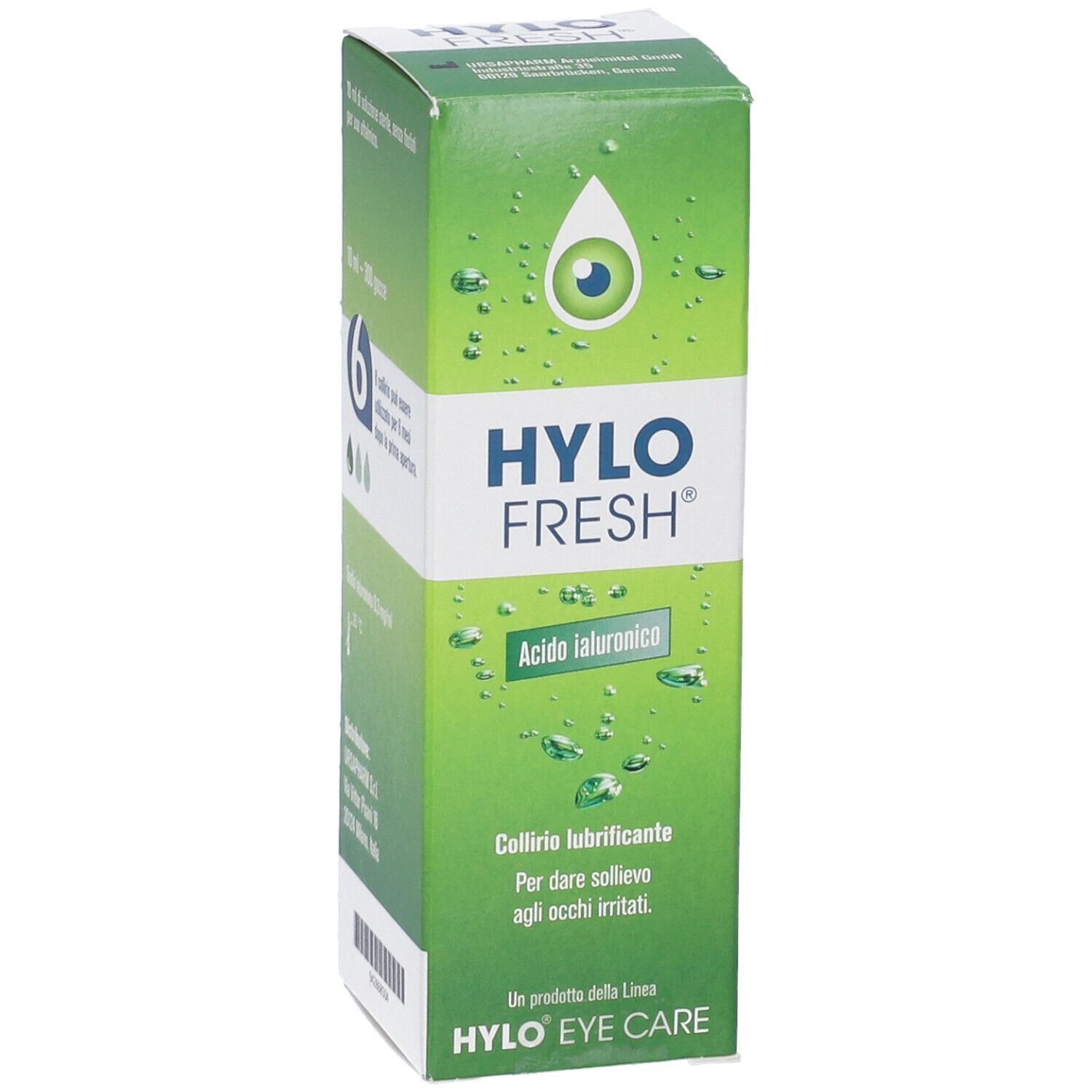Scatola verde HYLO FRESH. Collirio per occhi irritati. Contiene acido ialuronico. Logo occhio e goccia.
