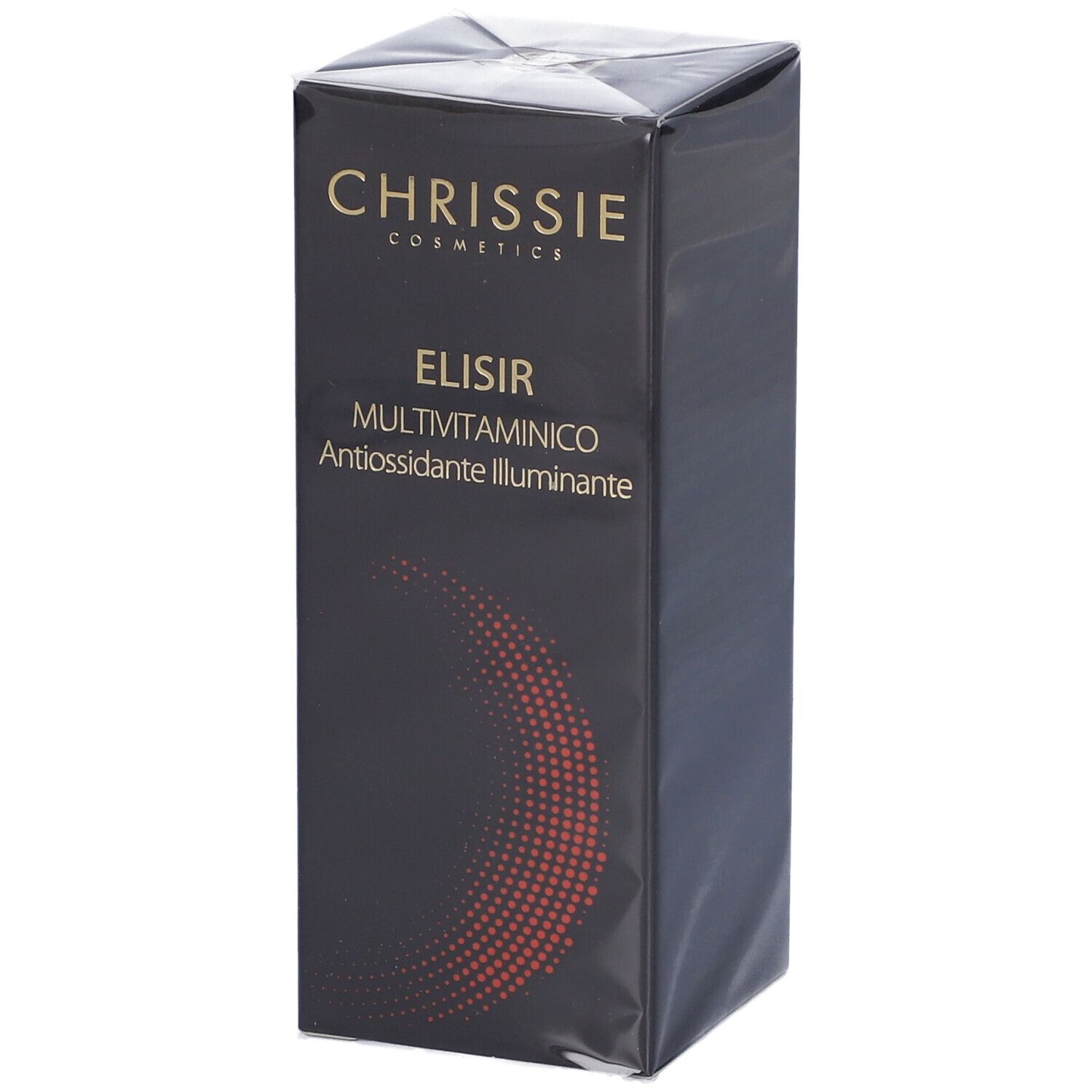 Confezione nera del prodotto. Scritta: CHRISSIE COSMETICS, ELISIR MULTIVITAMINICO.