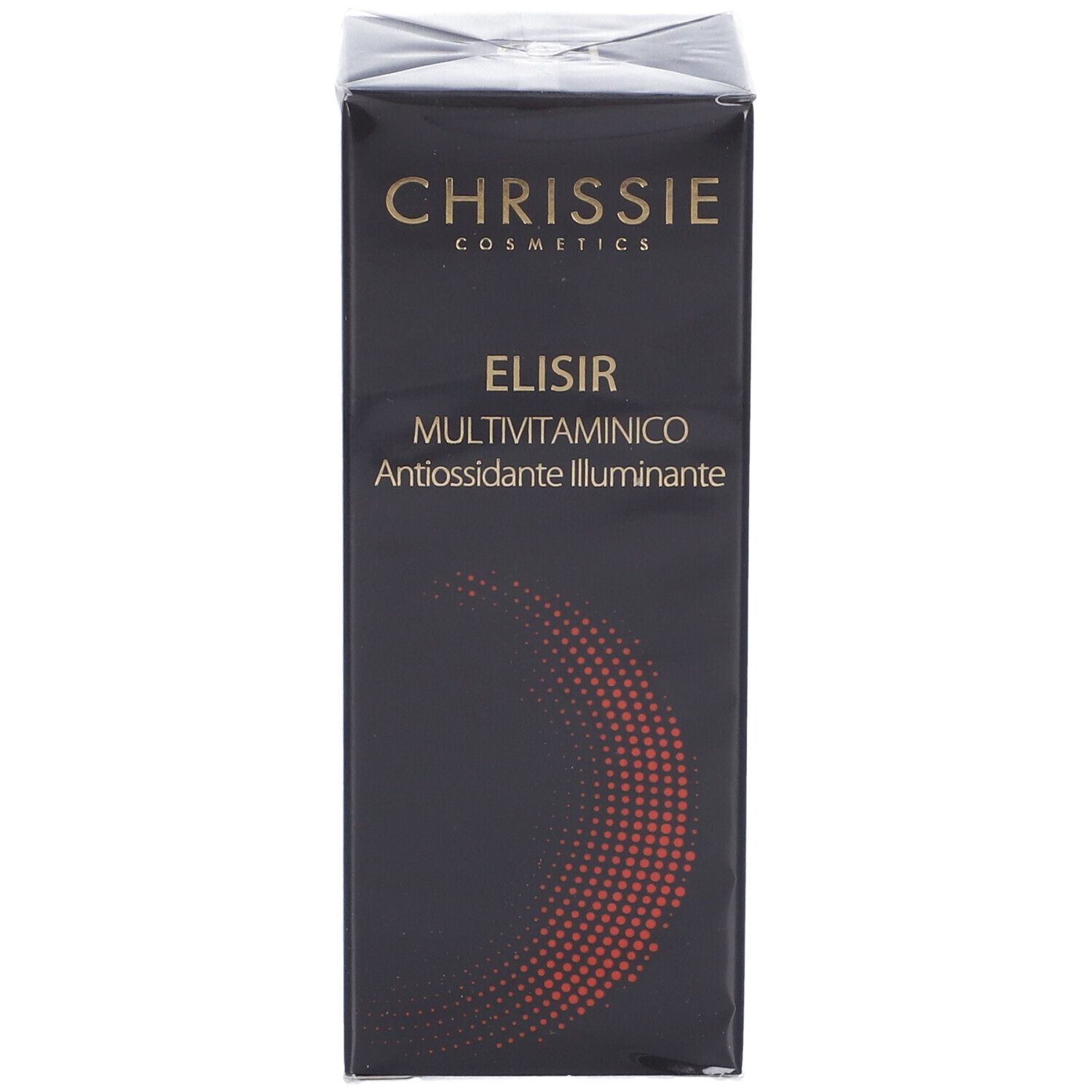 Confezione nera del prodotto. Scritta: CHRISSIE COSMETICS, ELISIR MULTIVITAMINICO.