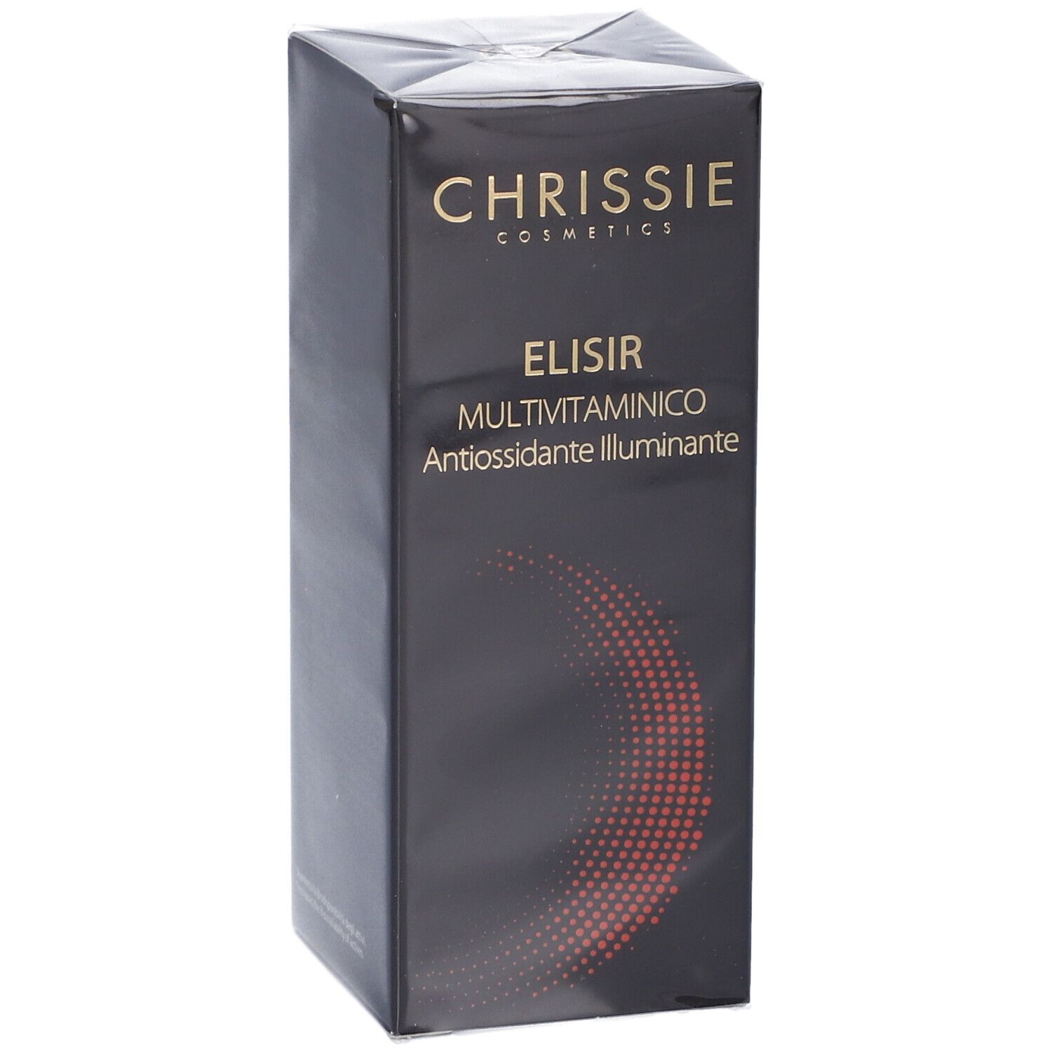 Confezione nera del prodotto. Scritta: CHRISSIE COSMETICS, ELISIR MULTIVITAMINICO.