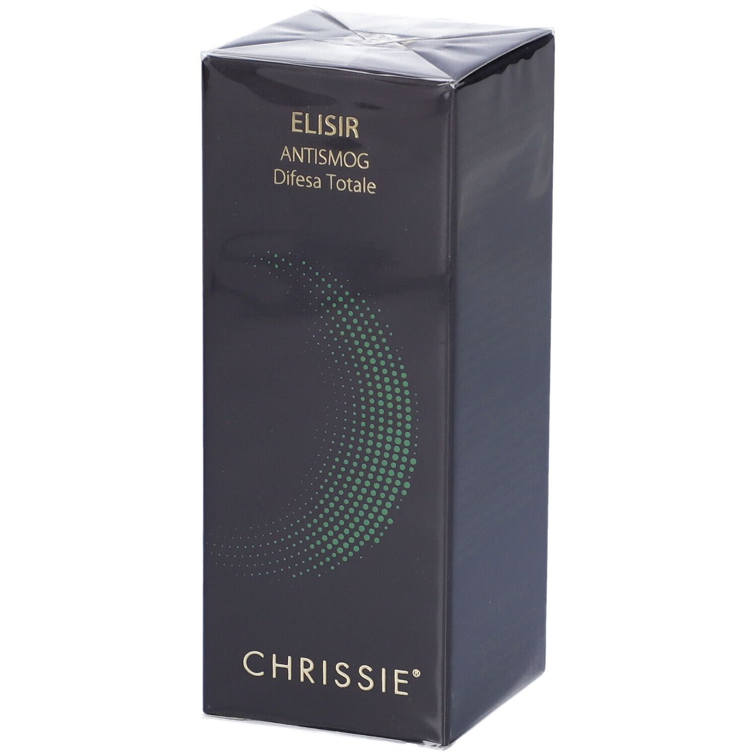 Scatola nera. Scritta: ELISIR ANTISMOG Difesa Totale, CHRISSIE. Design circolare verde.