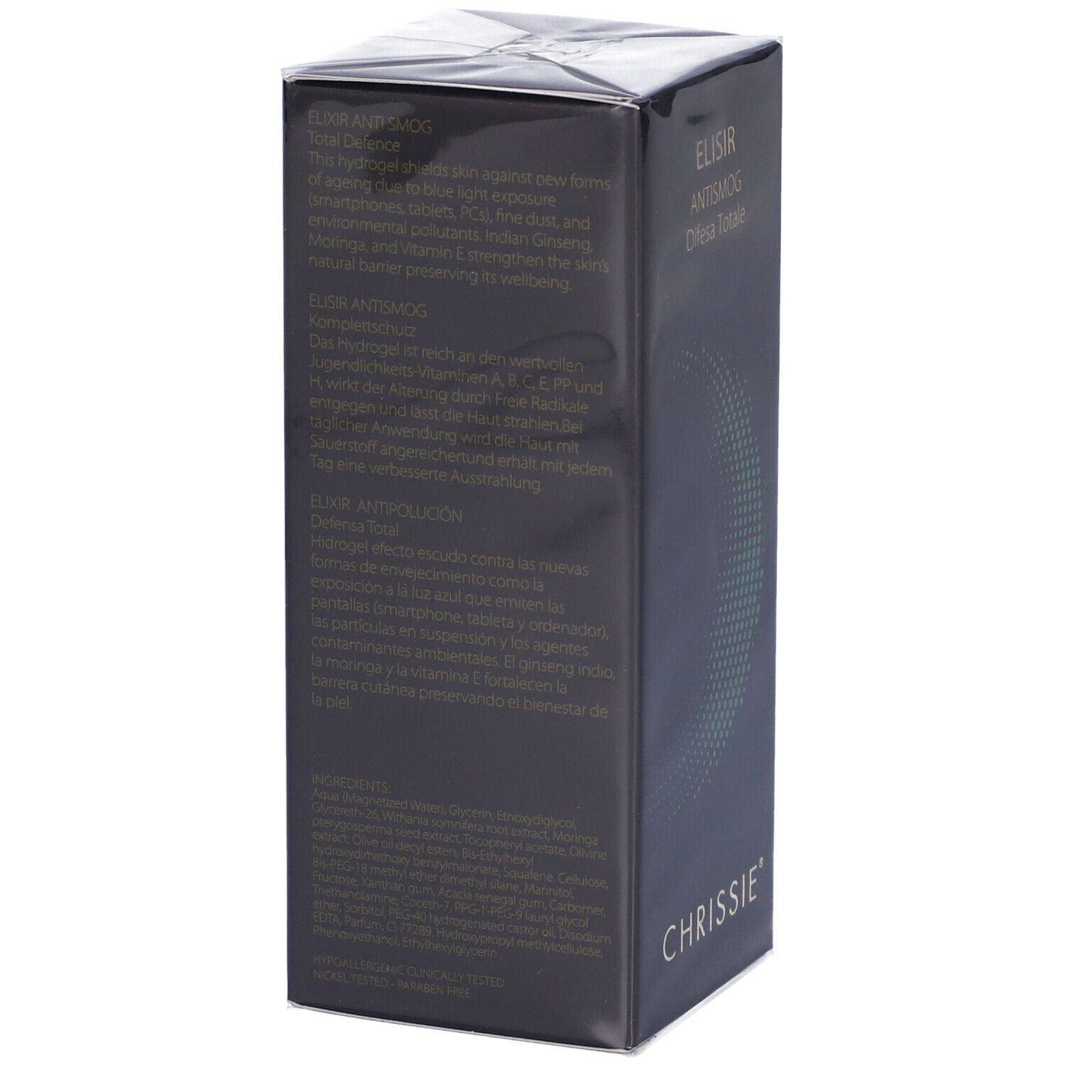 Scatola nera. Testo: ELISIR ANTISMOG Difesa Totale, CHRISSIE. Retro con informazioni prodotto multilingue.