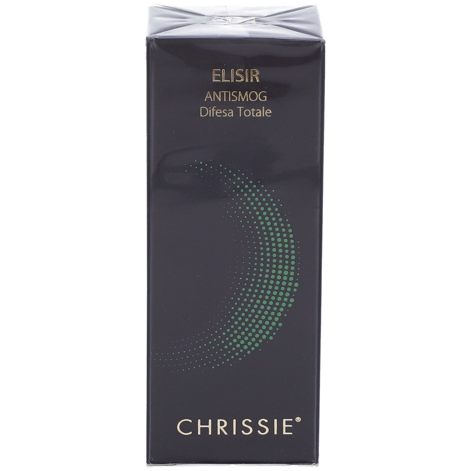 Scatola nera. Scritta: ELISIR ANTISMOG Difesa Totale, CHRISSIE. Design circolare verde.