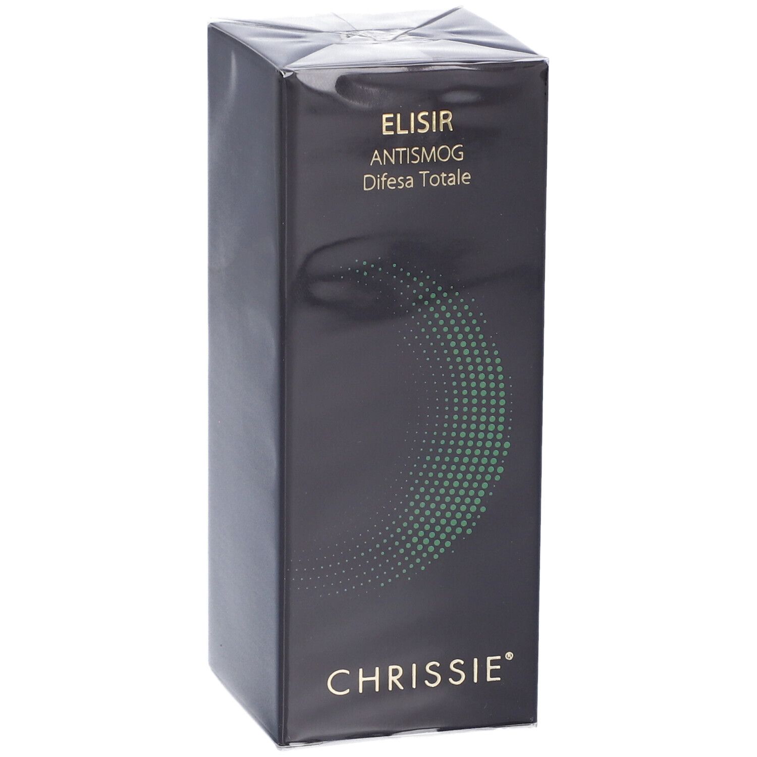 Scatola nera. Scritta: ELISIR ANTISMOG Difesa Totale, CHRISSIE. Design circolare verde.