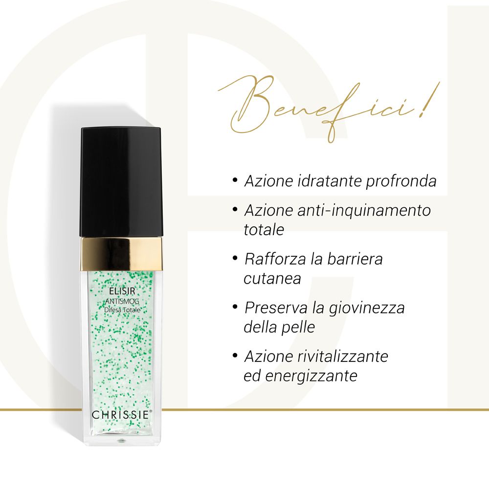 Flacone prodotto con particelle verdi. Testo: ELISIR ANTISMOG Difesa Totale, CHRISSIE. Su sfondo bianco. Testo: Benefici!