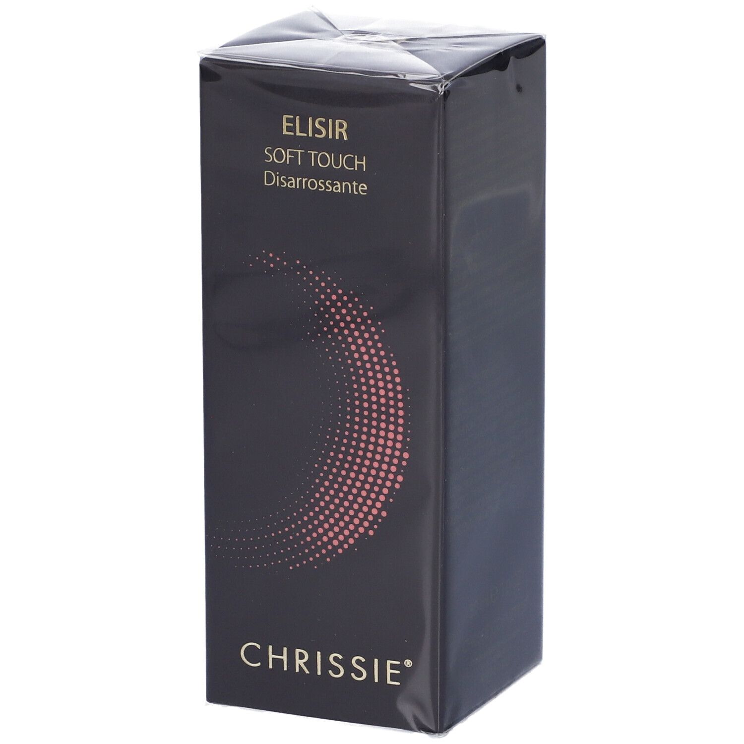Confezione del prodotto nera. Testo: ELISIR SOFT TOUCH Disarrossante, Chrissie. Design cerchio rosa.