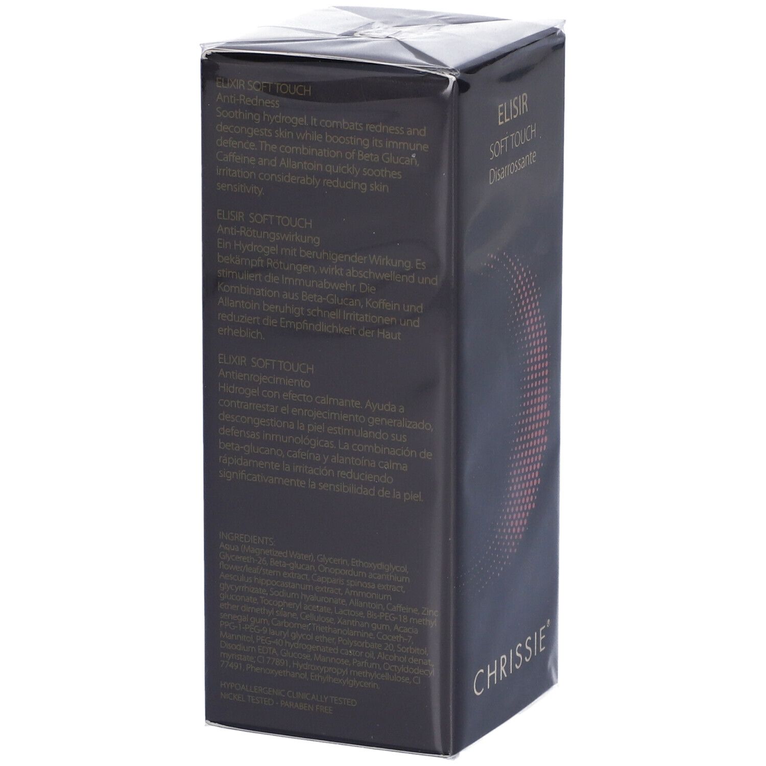 Confezione del prodotto nera. Testo: ELISIR SOFT TOUCH Anti-Redness, Chrissie. Design cerchio rosa. Testo multilingue.