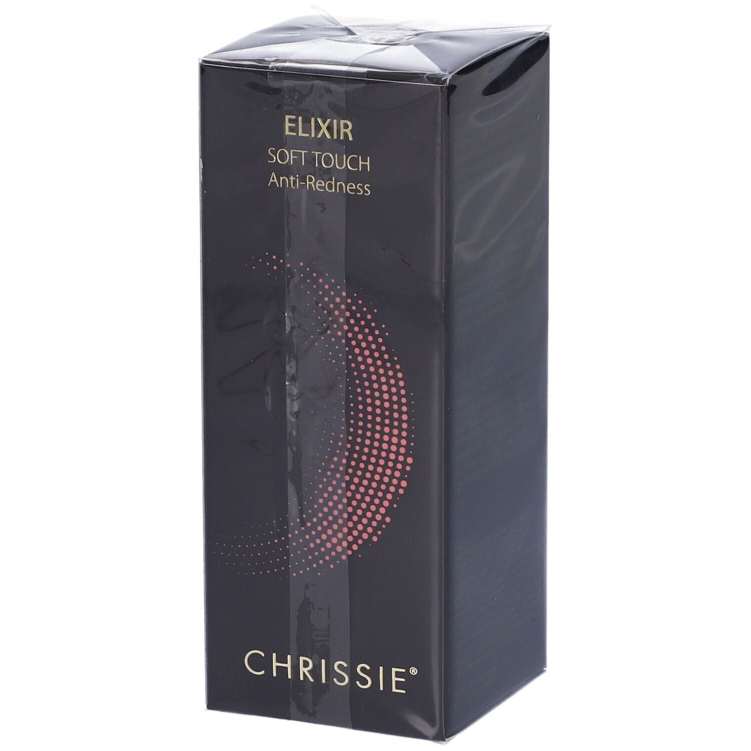 Confezione del prodotto nera. Testo: ELISIR SOFT TOUCH Anti-Redness, Chrissie. Design cerchio rosa.