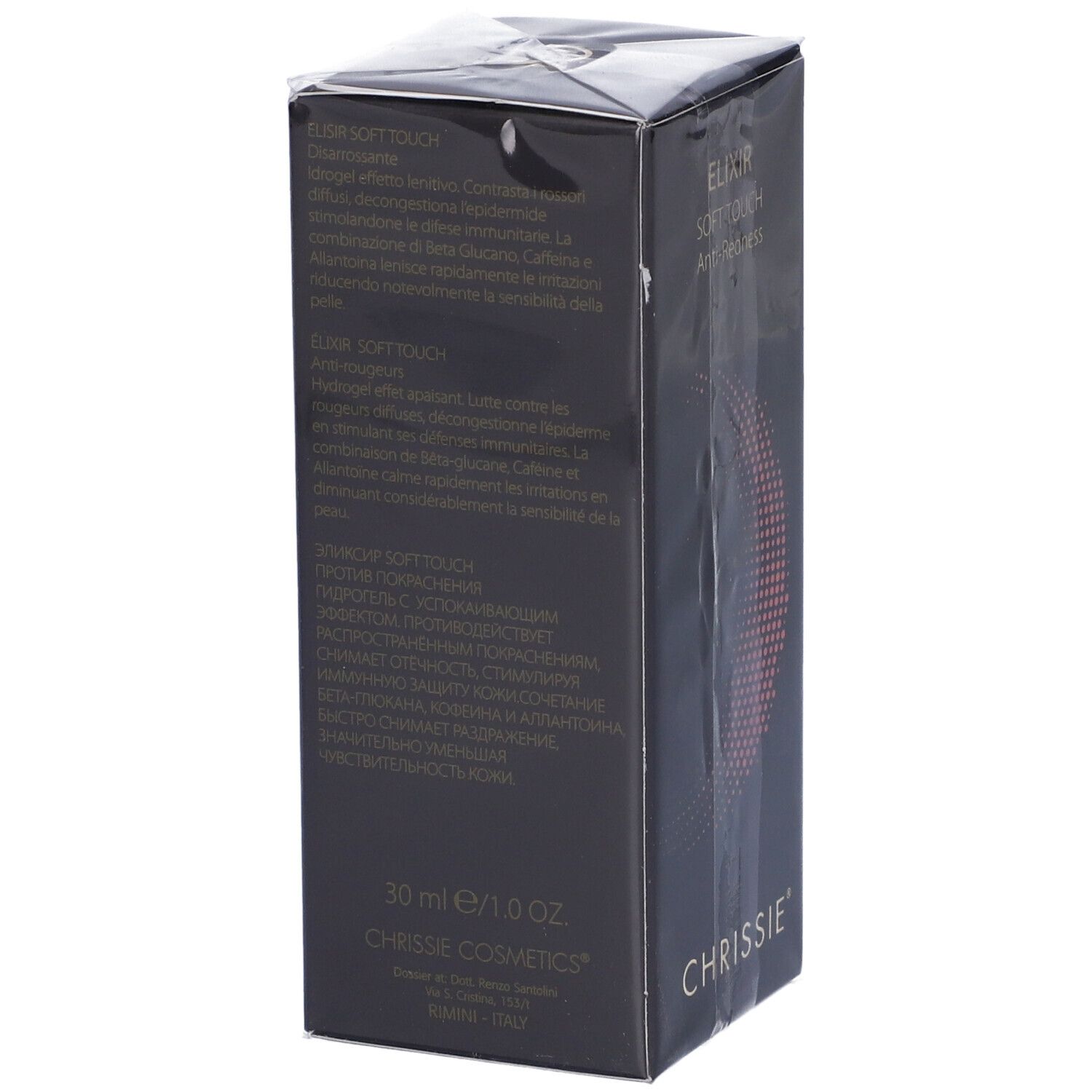 Confezione del prodotto nera. Testo: ELISIR SOFT TOUCH, Chrissie. Testo multilingue. 30 ml/1.0 oz.